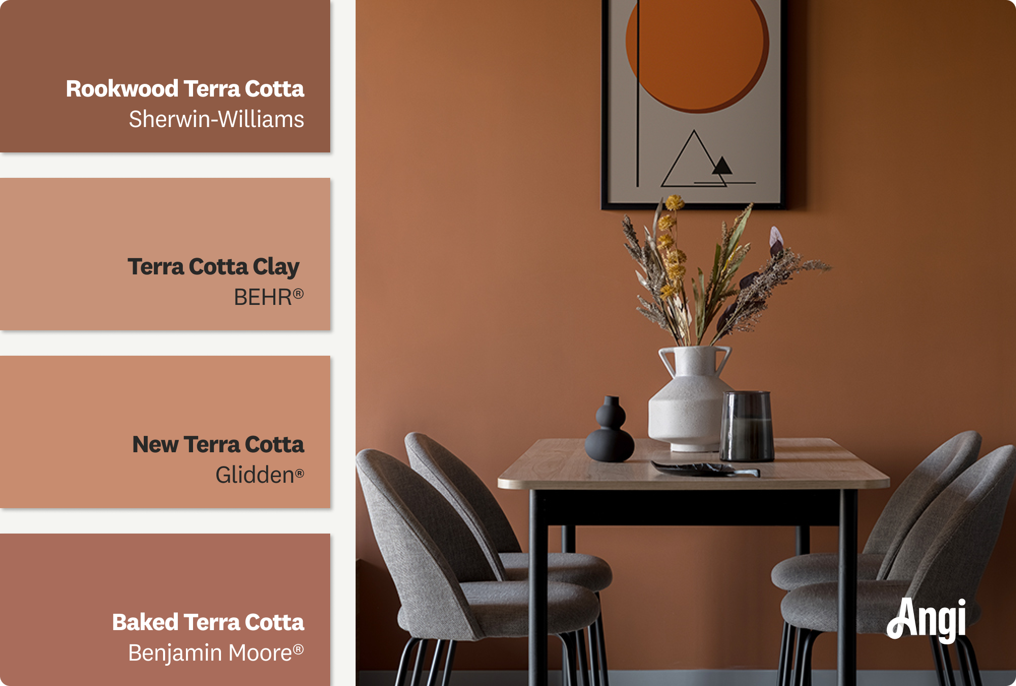 A terra cotta dining room table features elegant decorations, including different tones of terra cotta paint