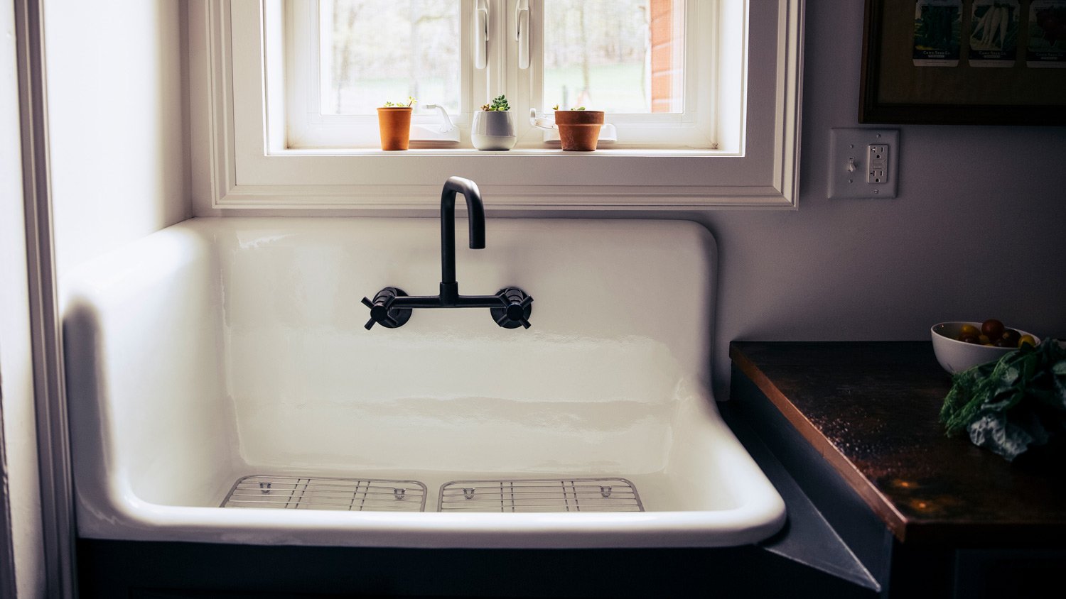 Front view of kitchen sink with plants on window sill