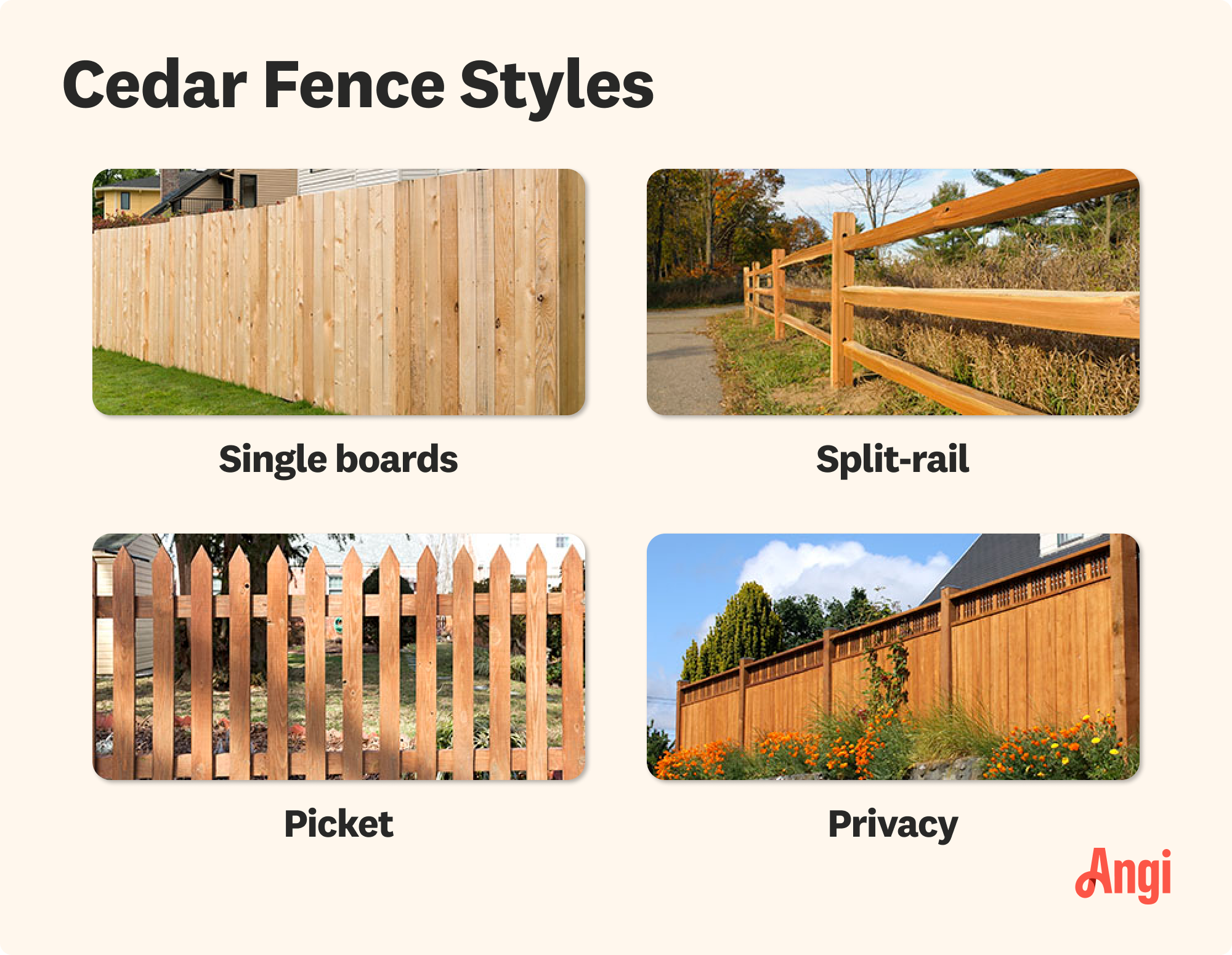 4 cedar fence styles compared visually, including single board, split-rail, picket, and privacy