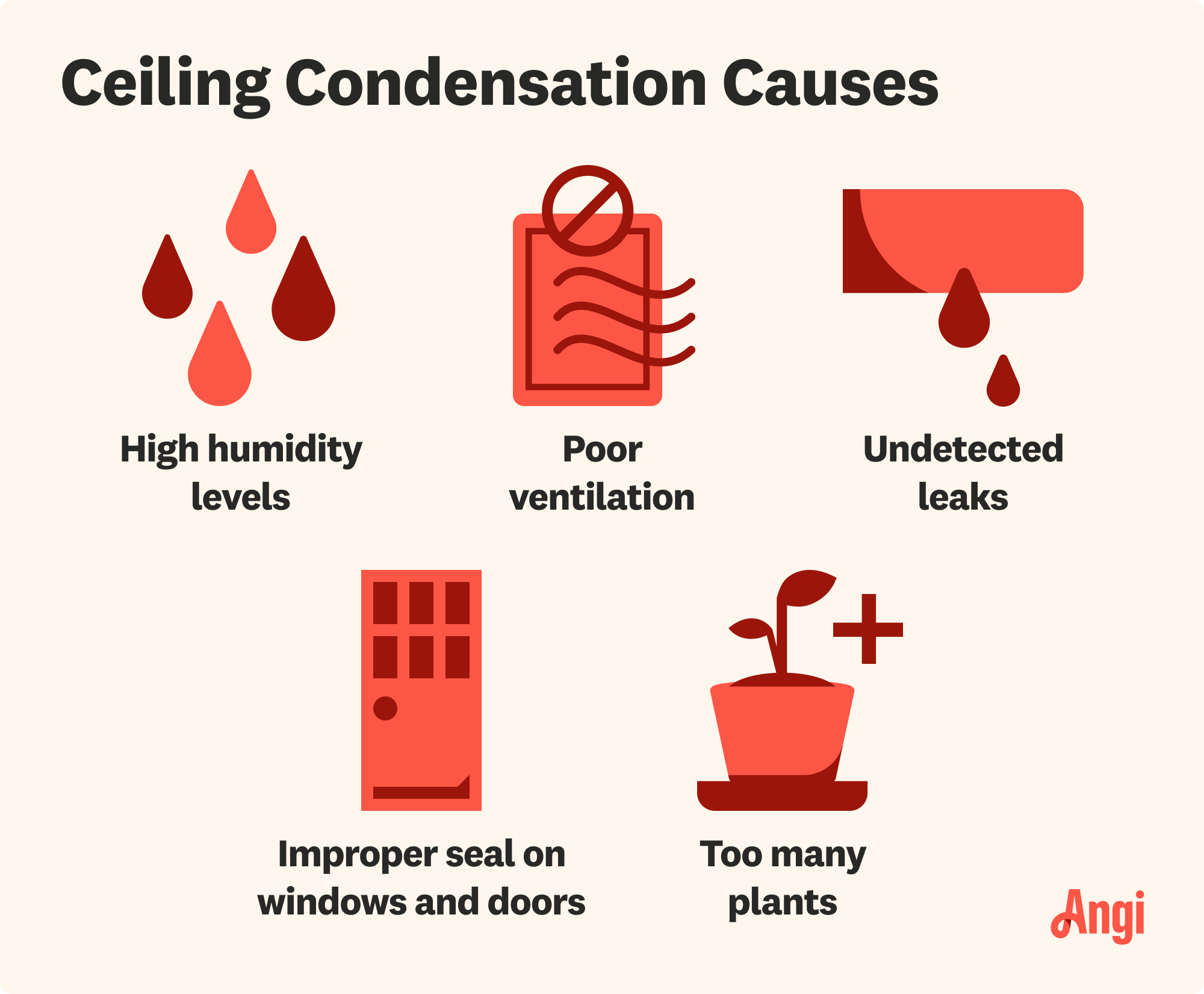 5 ceiling condensation causes, including high humidity levels, poor ventilation, and too many plants