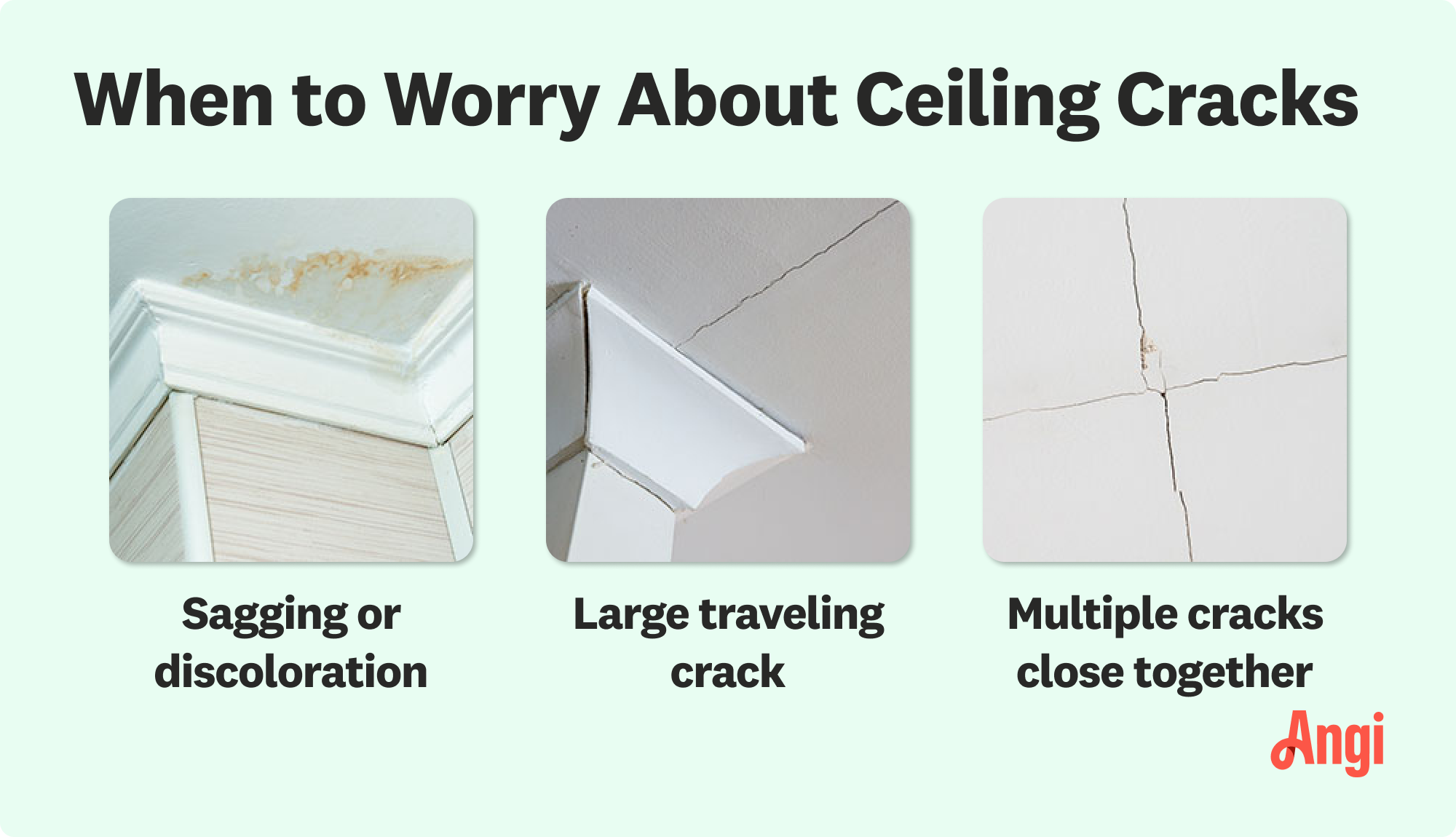 When to worry about ceiling cracks compared visually, including sagging or discoloration