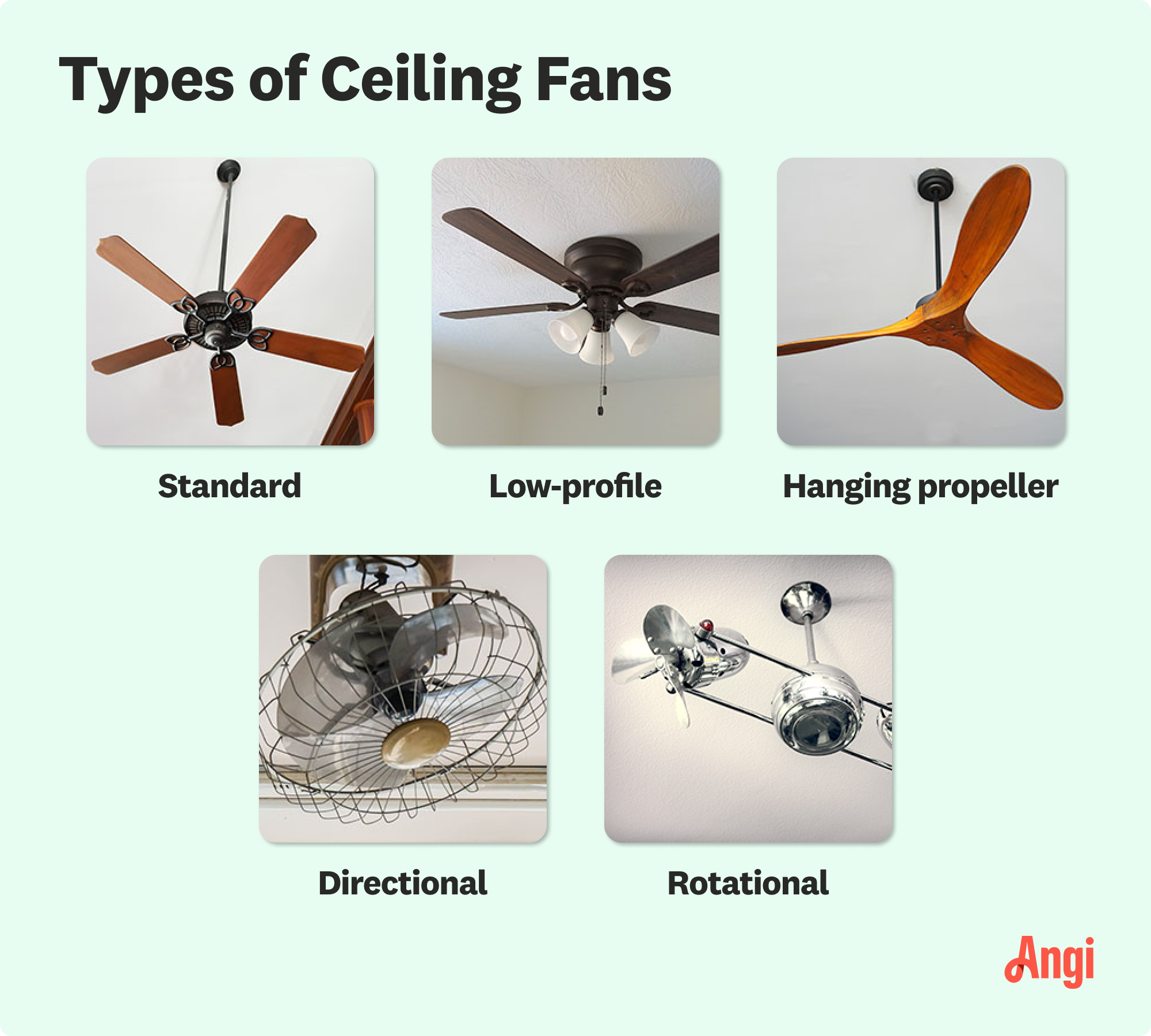 5 ceiling fan types compared visually, including standard, hanging propeller, and rotational