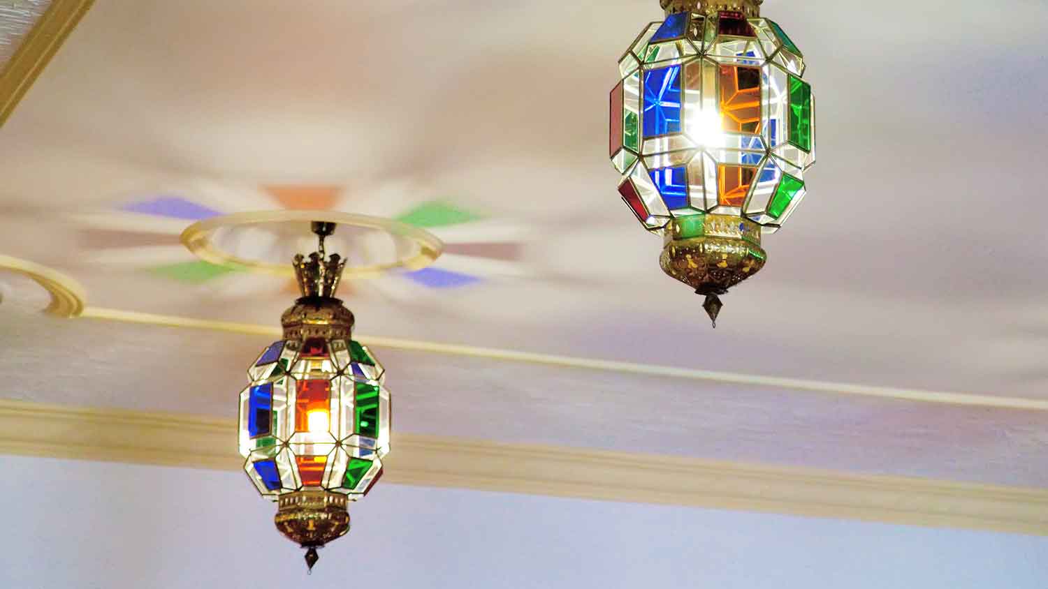 Stained glass lighting fixtures on the ceiling