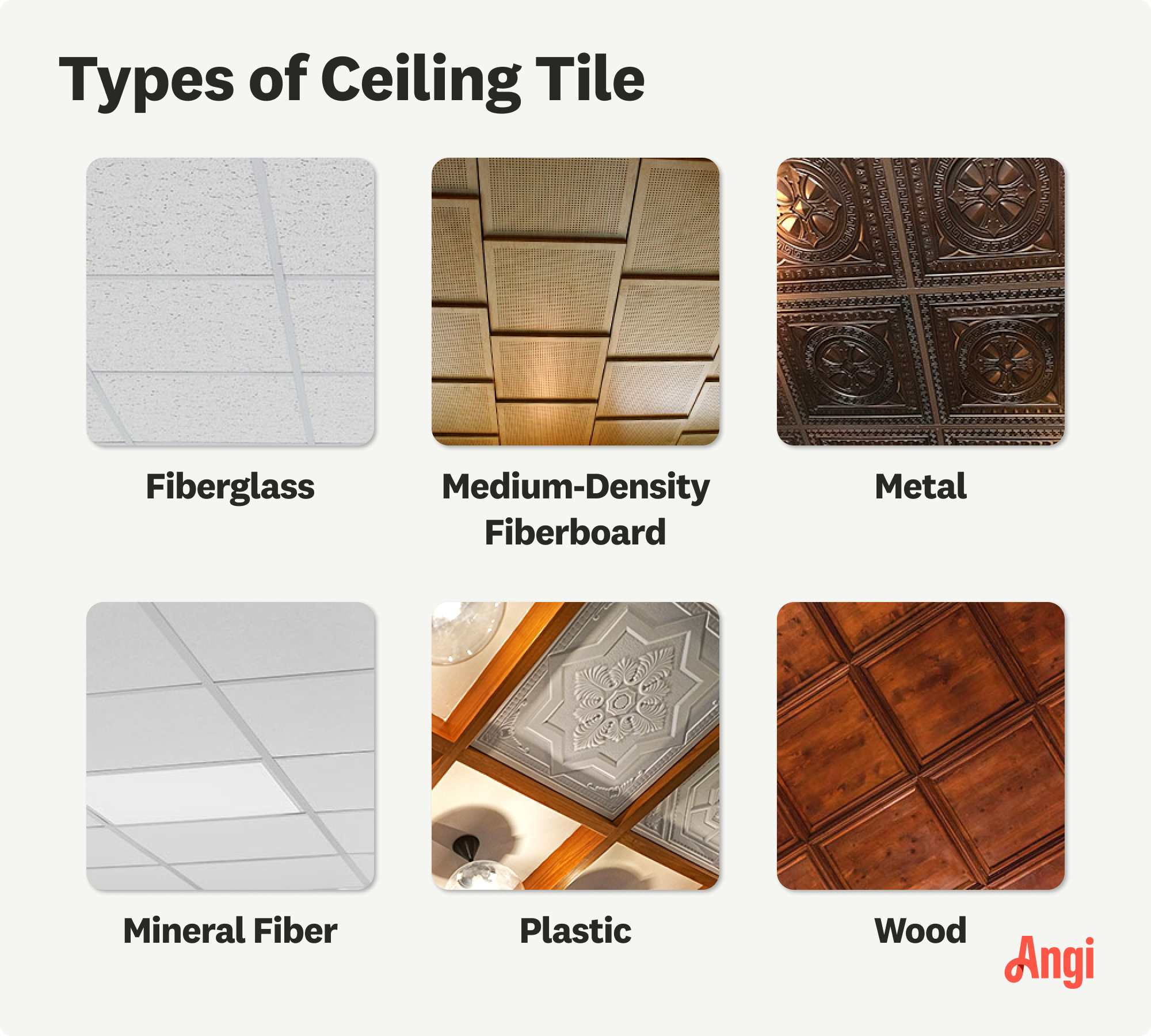 6 ceiling tile types compared visually, including fiberglass, metal, and wood