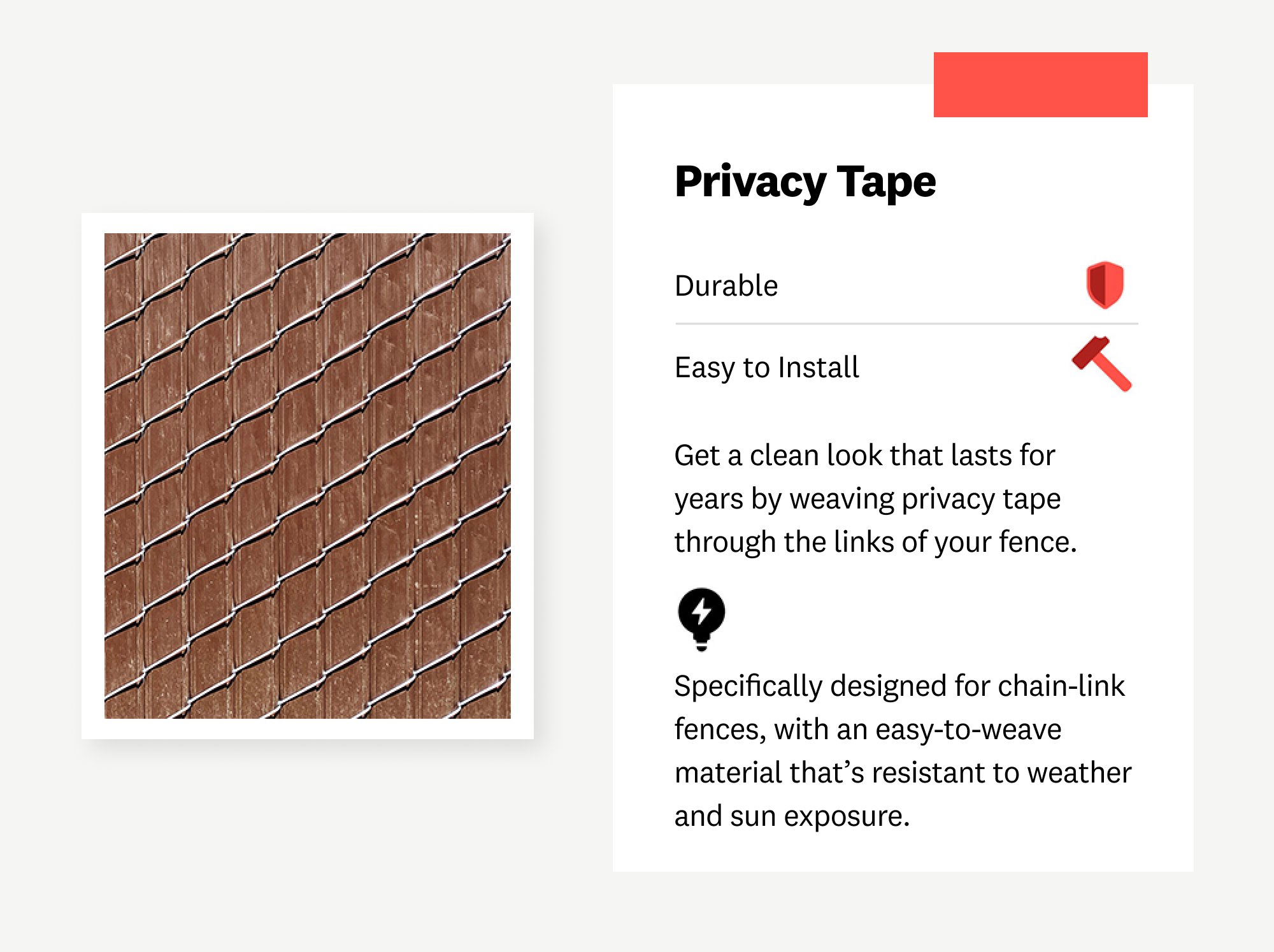 Privacy tape as a chain-link covering option, with an easy-to-weave material that is weather resistant