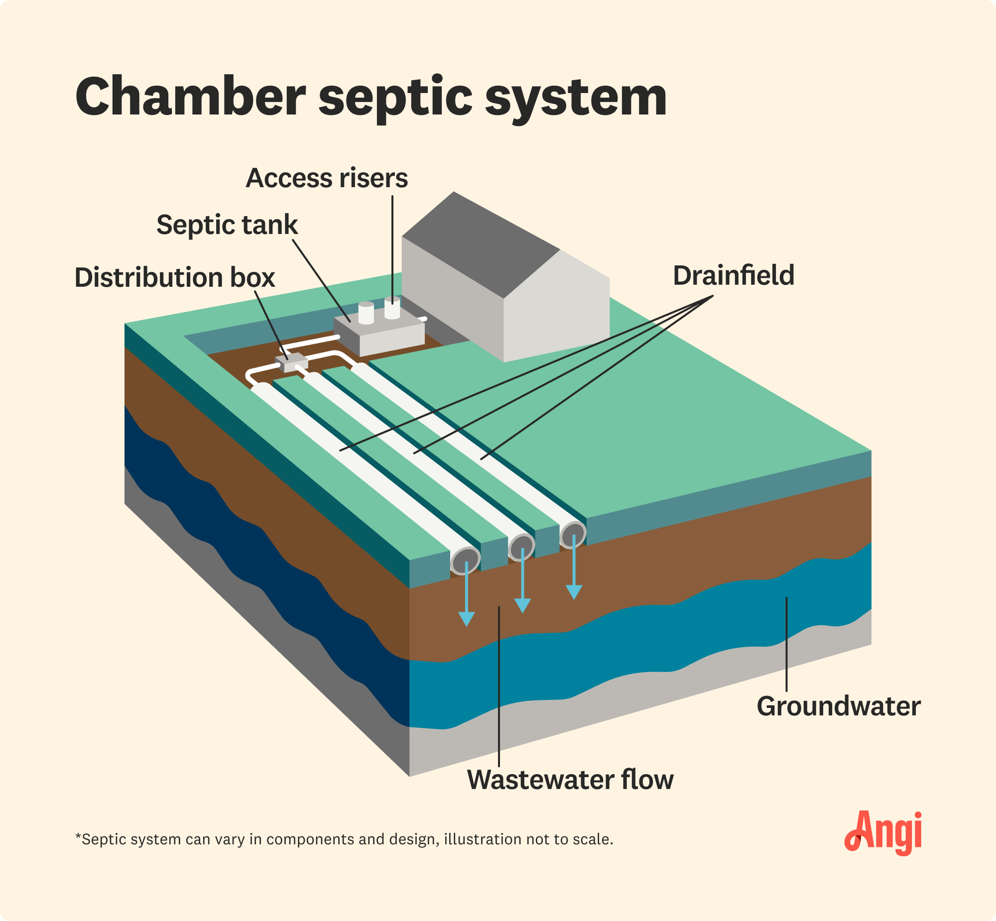 Chamber septic system illustrated, including the drainfield, risers, and distribution box