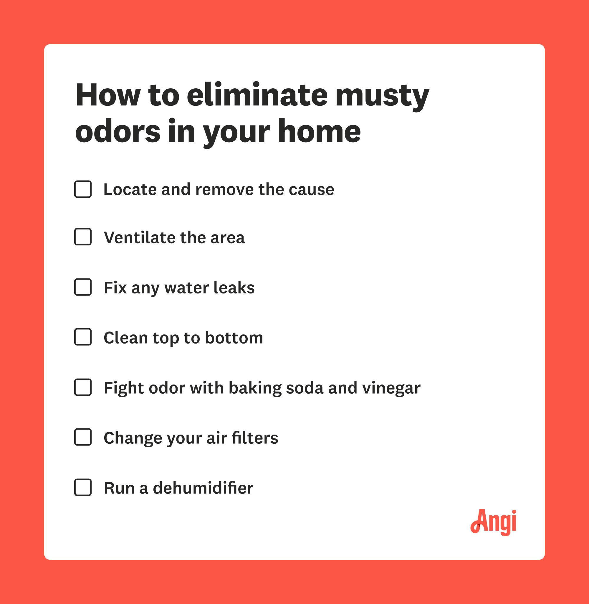 Checklist to eliminate musty smells, including ventilating the area and fixing any water leaks