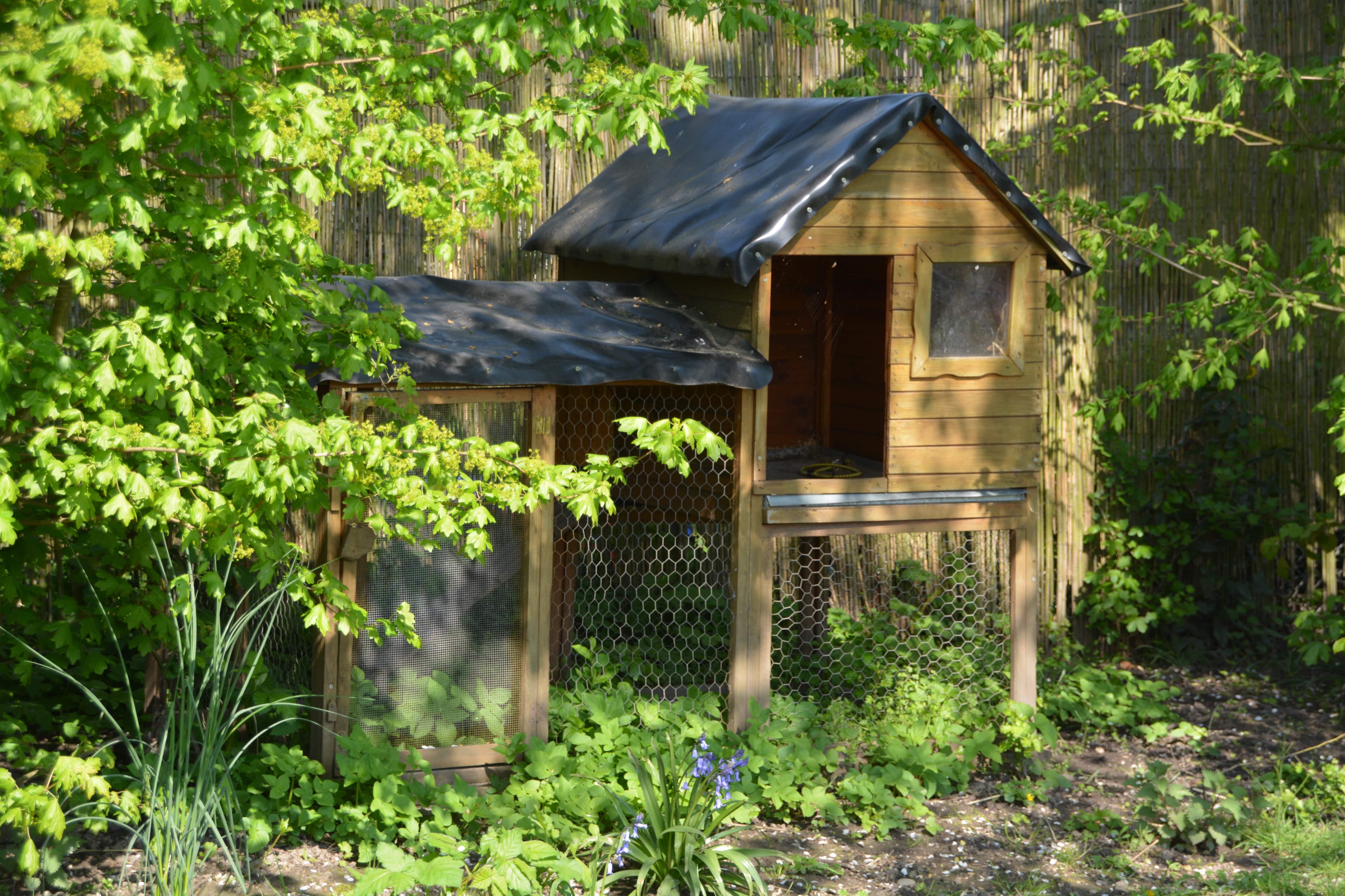 A house-shaped chicken coop made of cedar