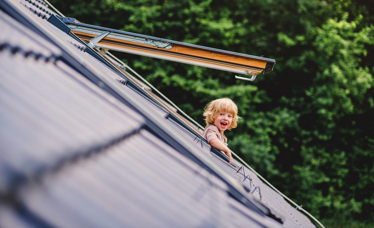 Child looking out through roof window