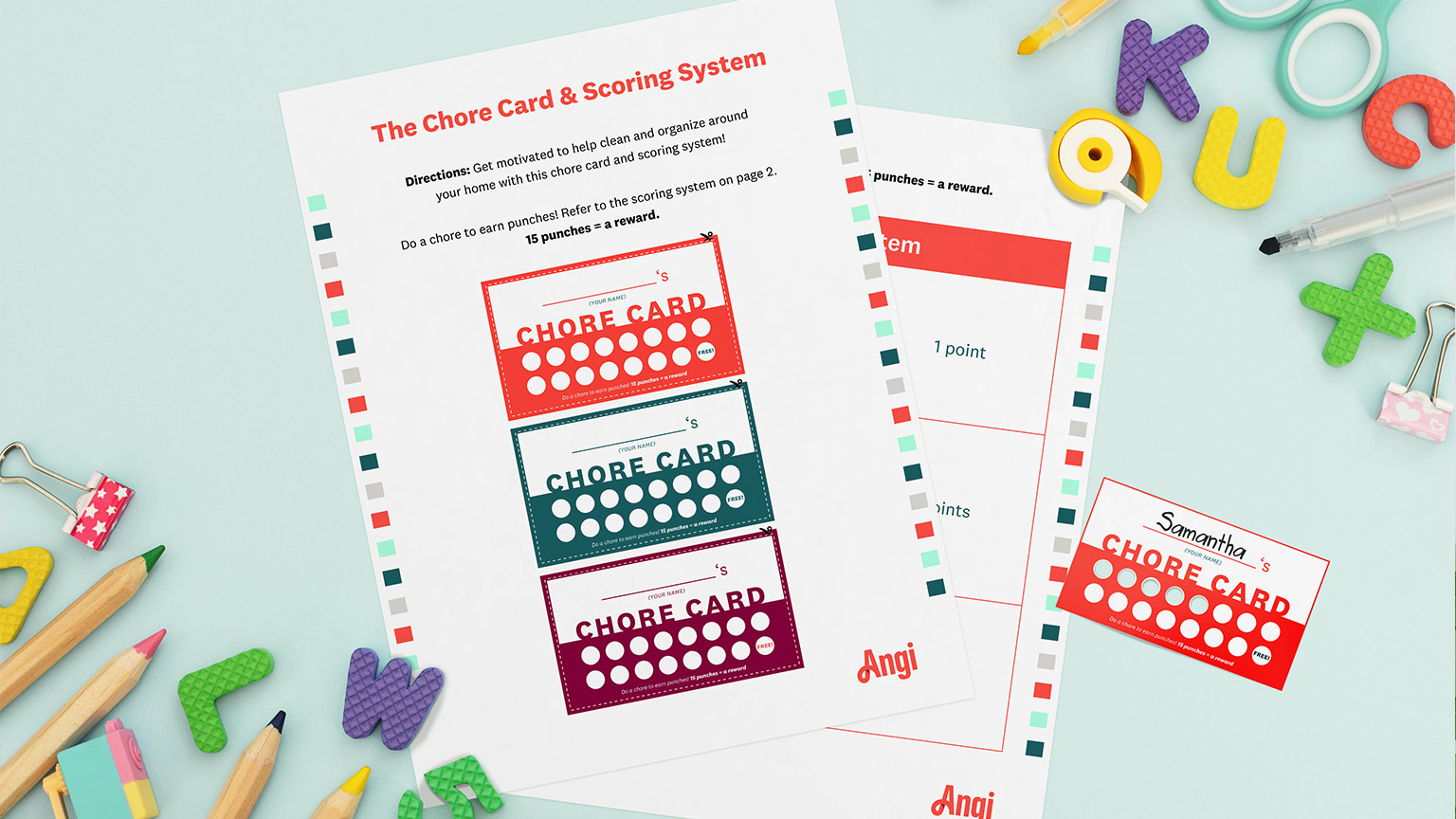 flat lay desk with kids chore card printable