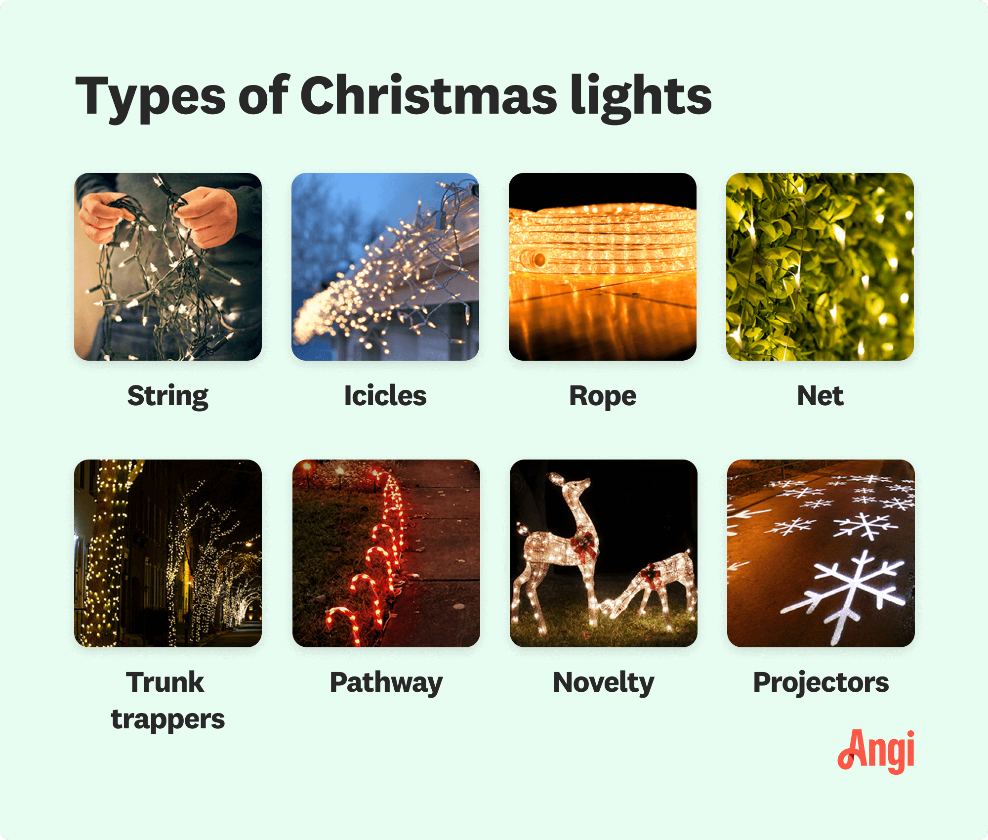 8 Christmas light types compared visually, including string lights, rope lights, and net lights