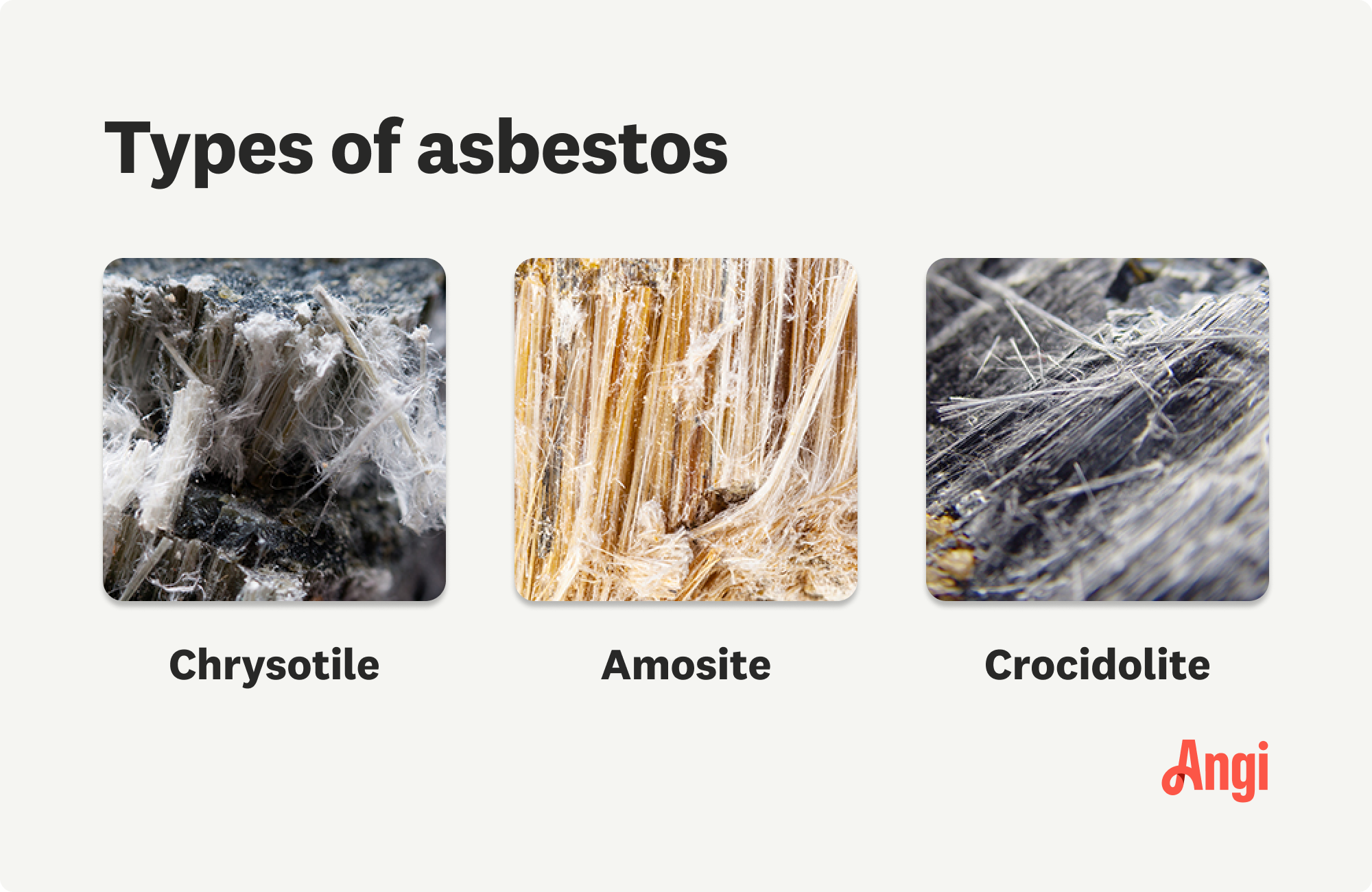 3 asbestos types compared visually, including Chrysotile, Amosite and Crocidolite