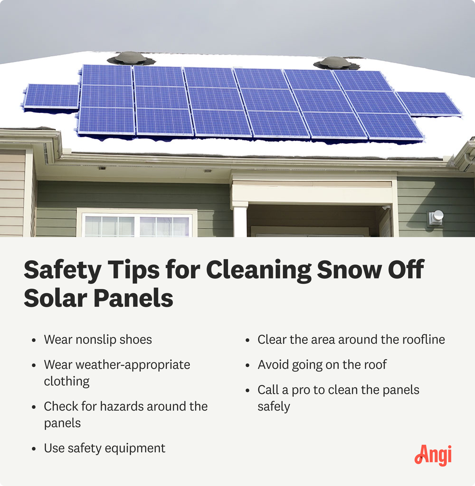 Safety tips for cleaning snow off solar panels, including wearing nonslip shoes and cleaning the area around the roofline