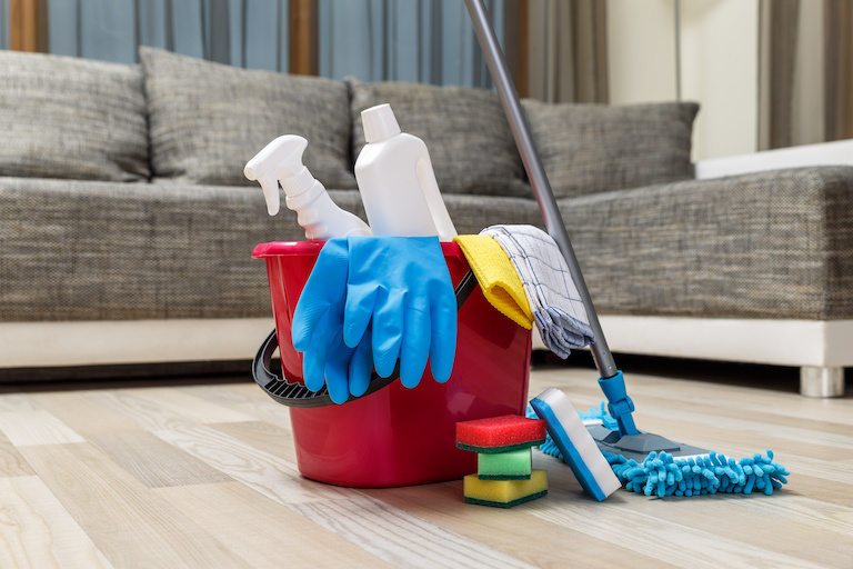 bucket of cleaning supplies sits on light wood floor in front of grey couch