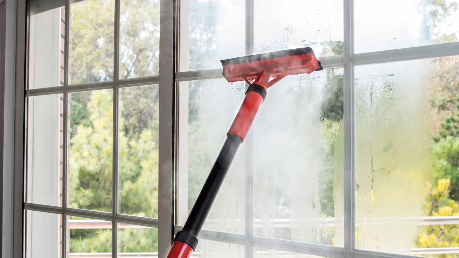 Cleaning window with steam