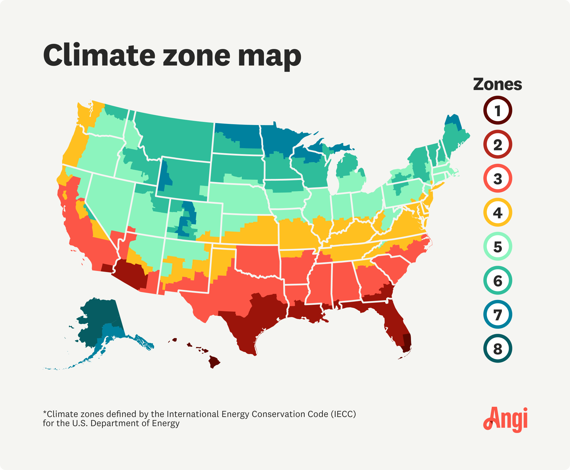 Climate zone map of the United States of America, including 8 different zones