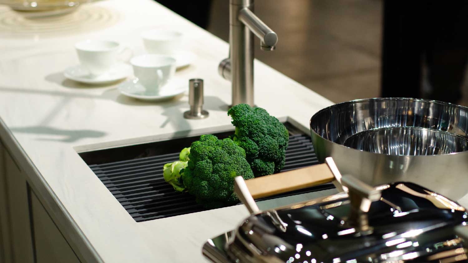 Close-up of broccoli on a limestone countertop