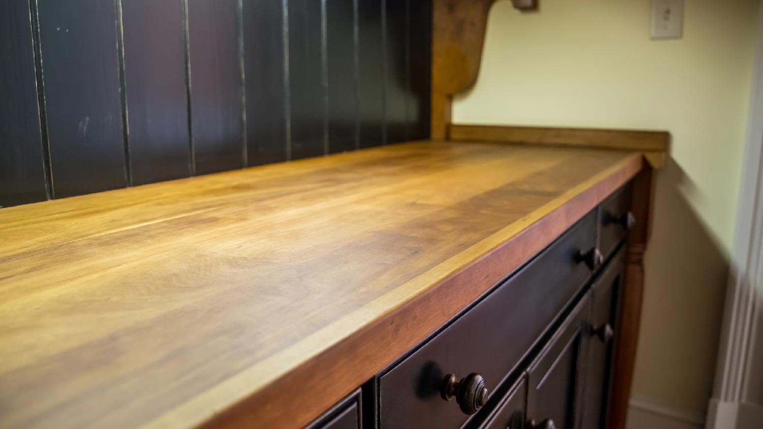 Close-up of a butcher block countertop