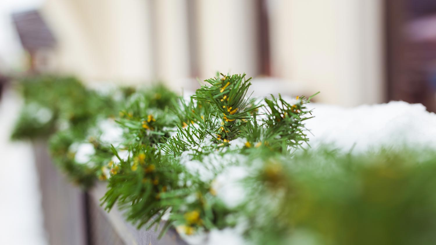 Close-up of evergreen garlands on a garage door