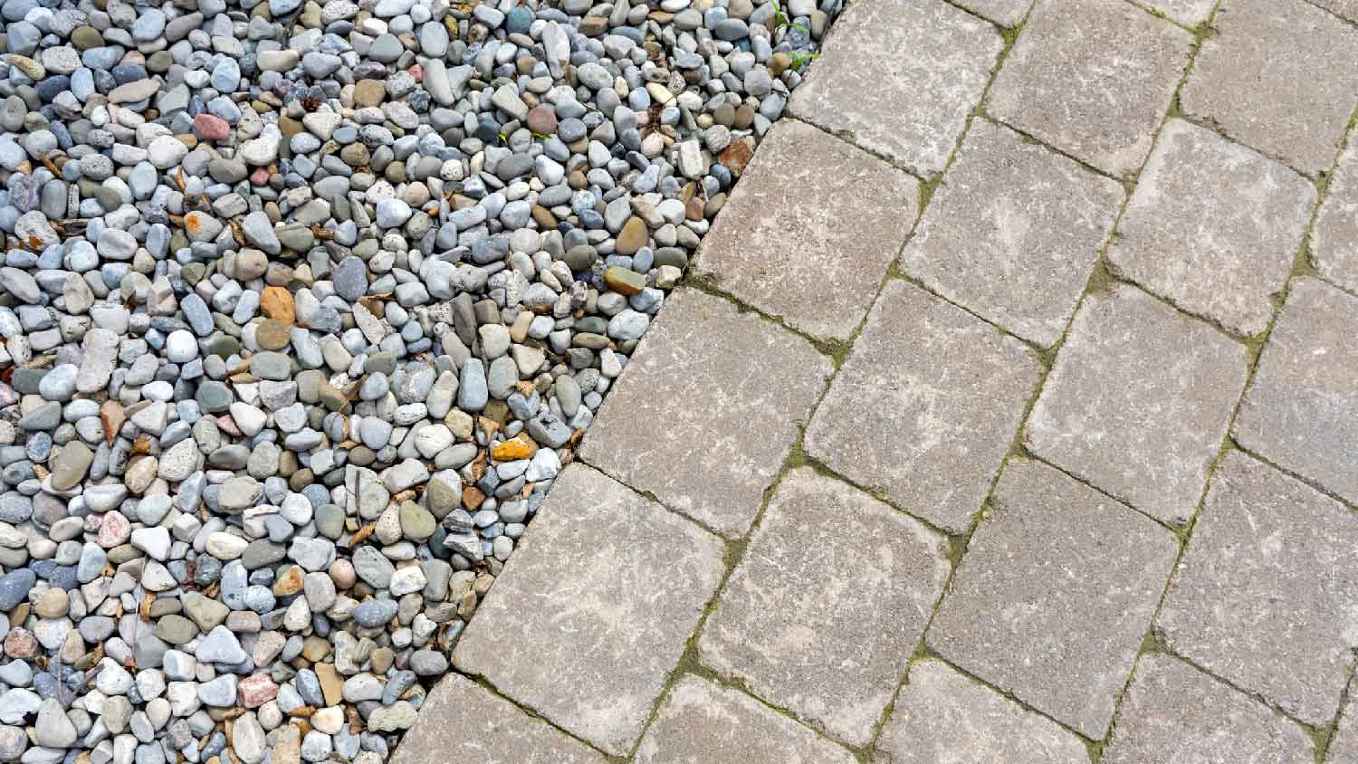 Close-up of pea gravel and tumbled pavers