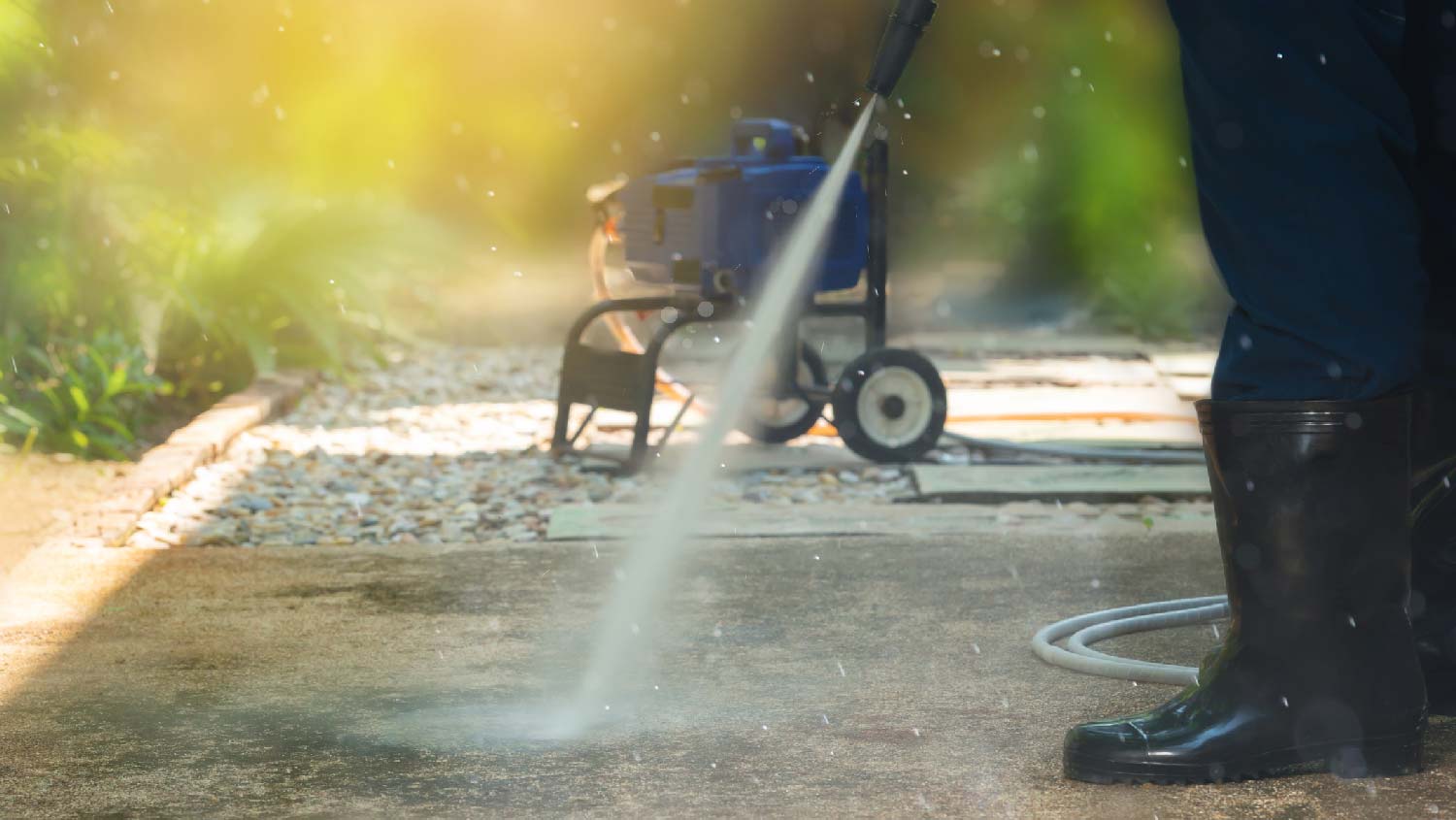 Close-up of power washing a concrete surface in a yard