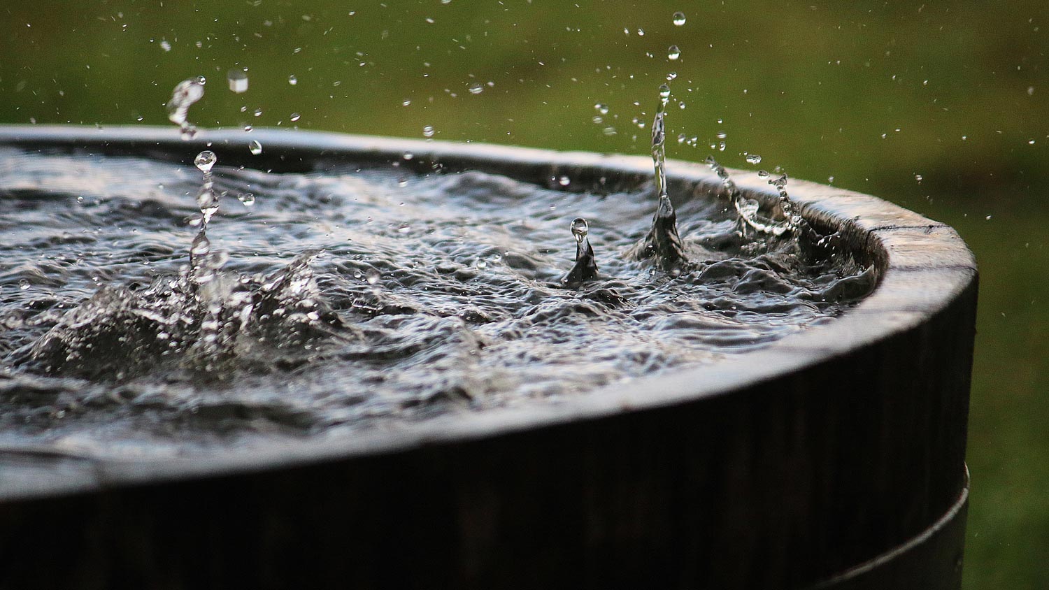 A wooden rain barrel below a gutter