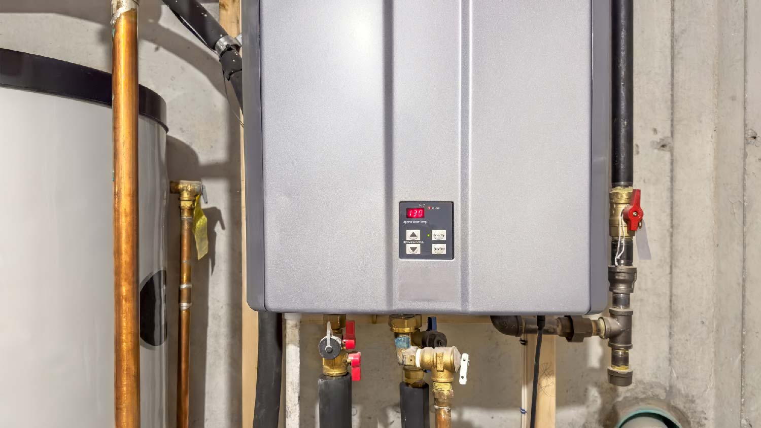 Close-up of a tankless water heater