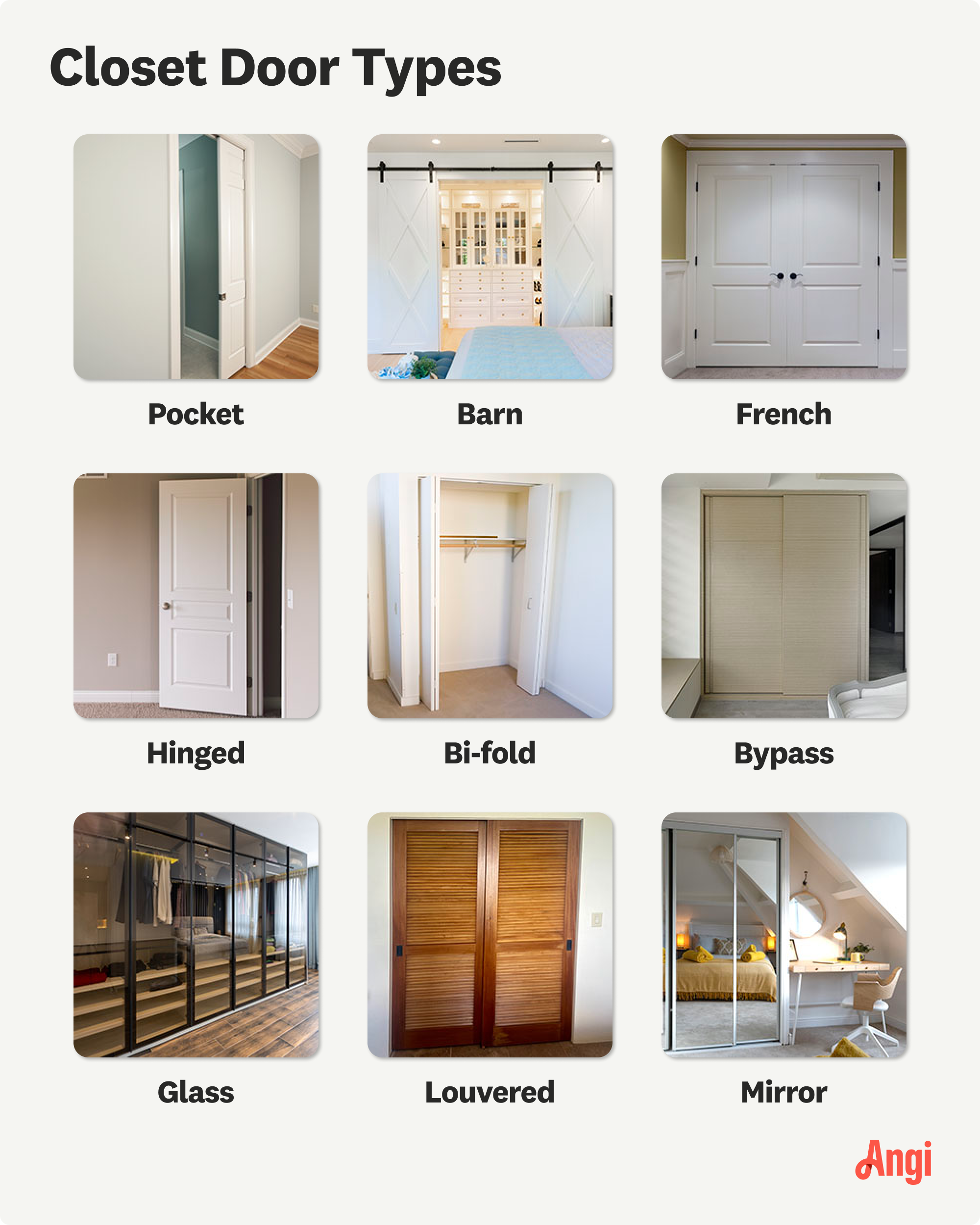 9 closet door types compared visually, including pocket, bi-fold and mirror
