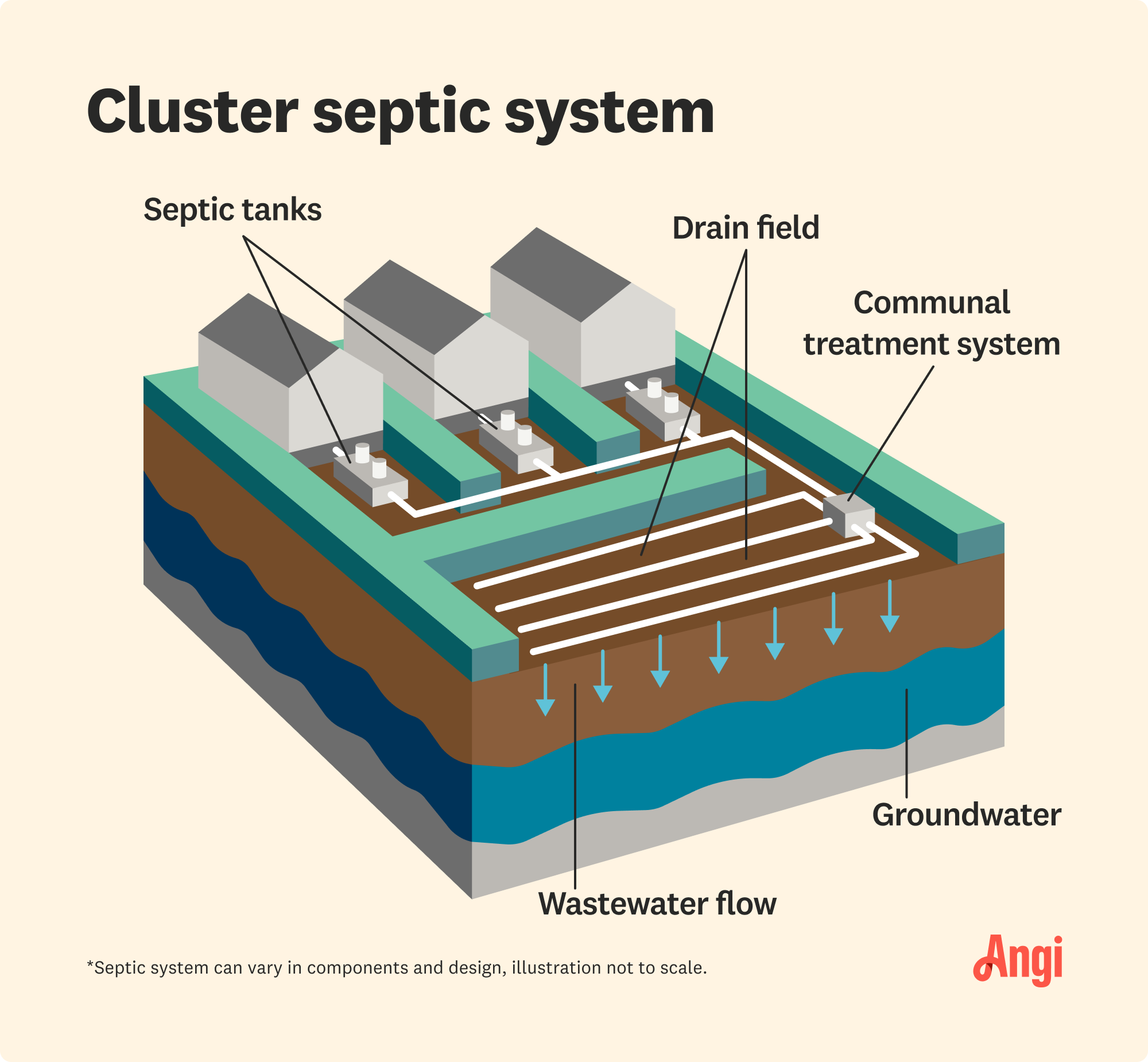 Cluster septic system illustrated, including septic tanks, communal treatment system, and wastewater flow