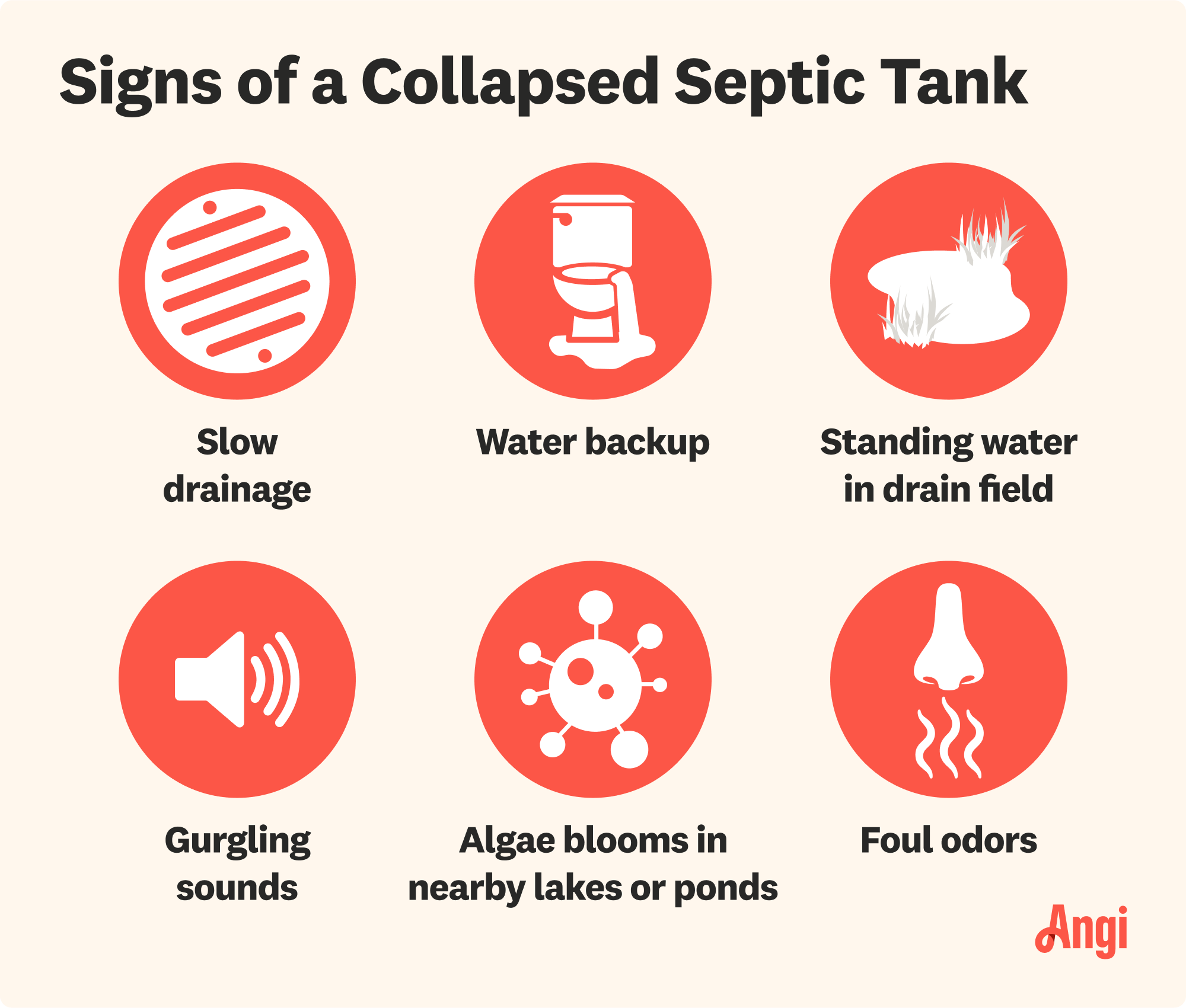 6 signs of a collapsed septic tank, including water backup, slow drainage, and foul odors
