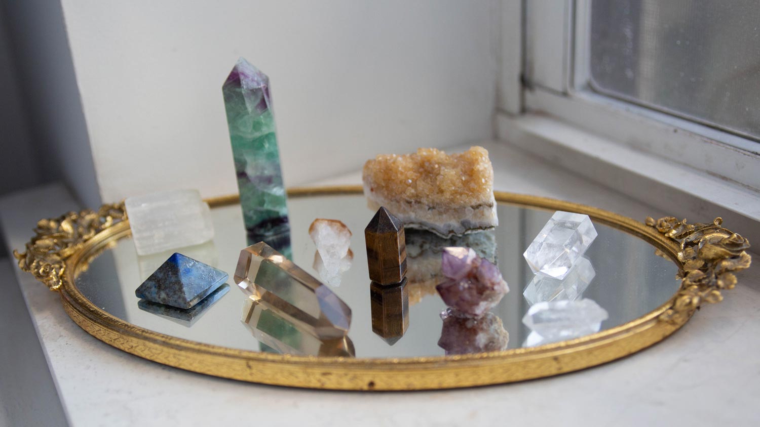 A collection of crystals by a window