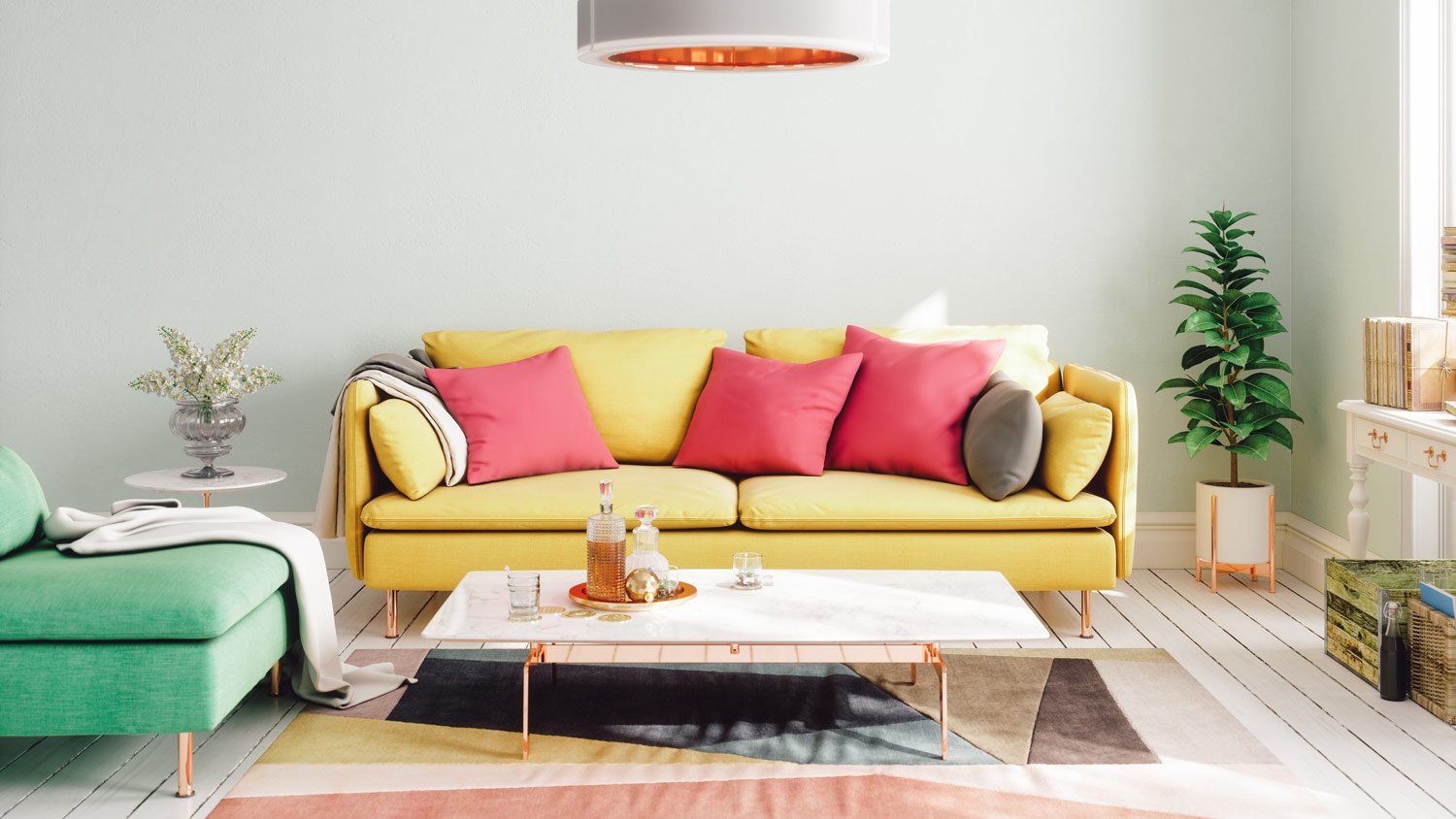 A pop, modern living room with vibrant colors