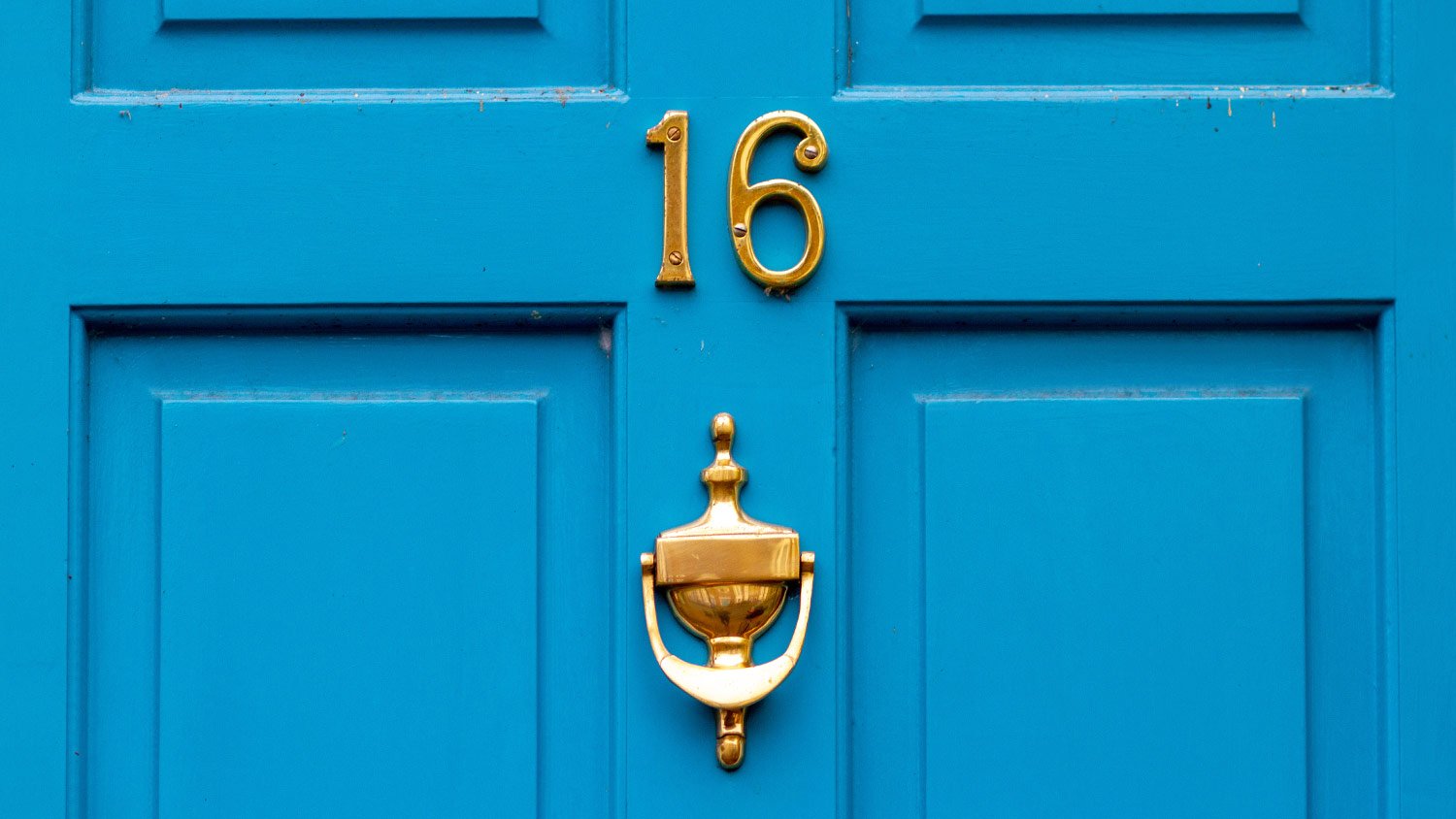 bright blue door with brass knob and #16