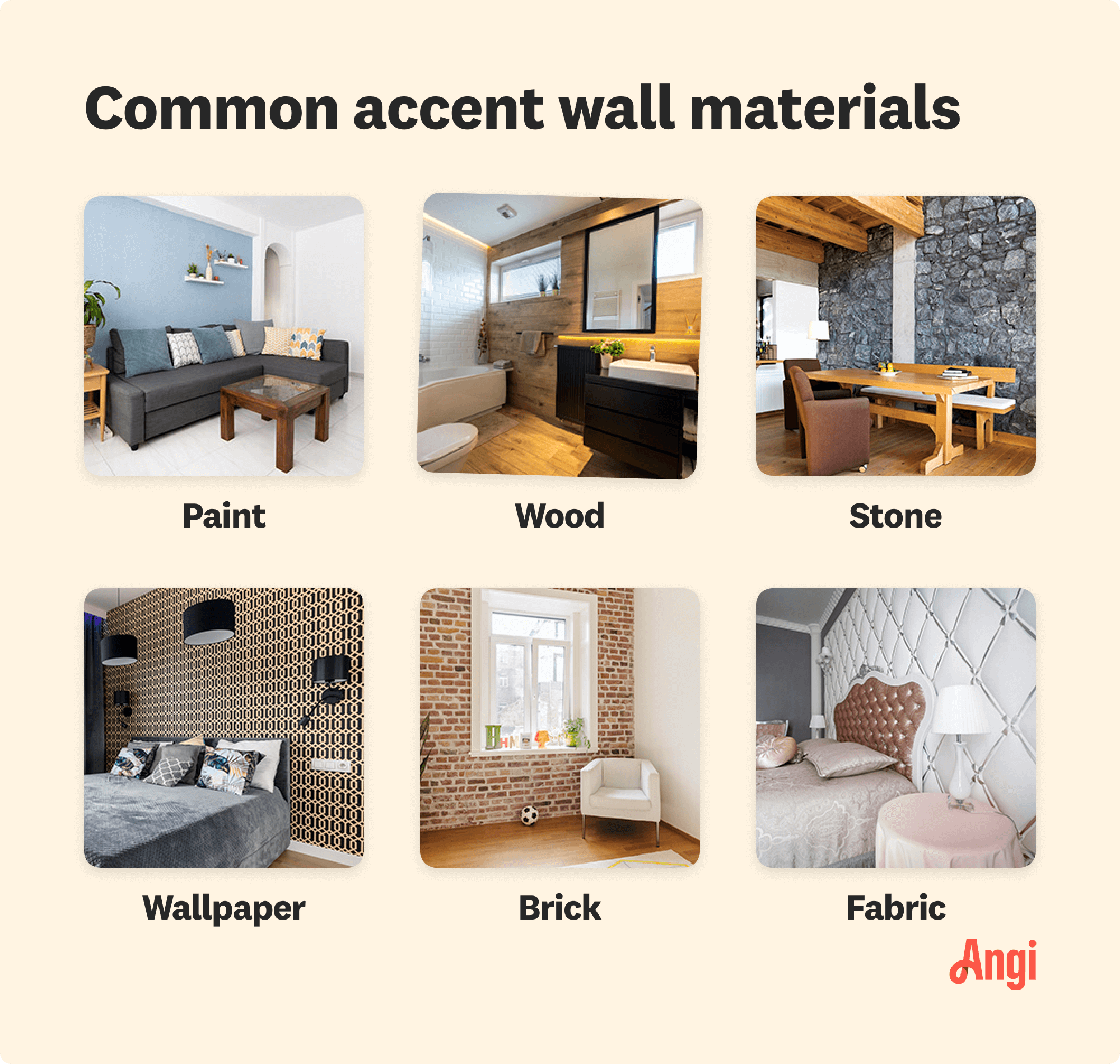 6 common accent wall materials compared visually, including paint, wood, and brick