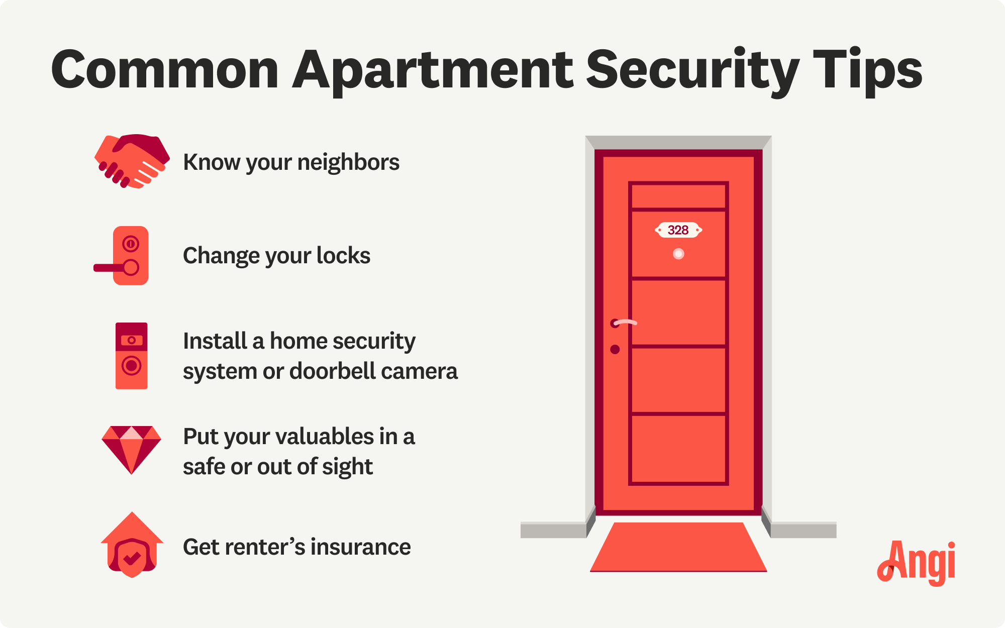 5 common apartment security tips, including putting your valuables in a safe or out of sight and changing your locks