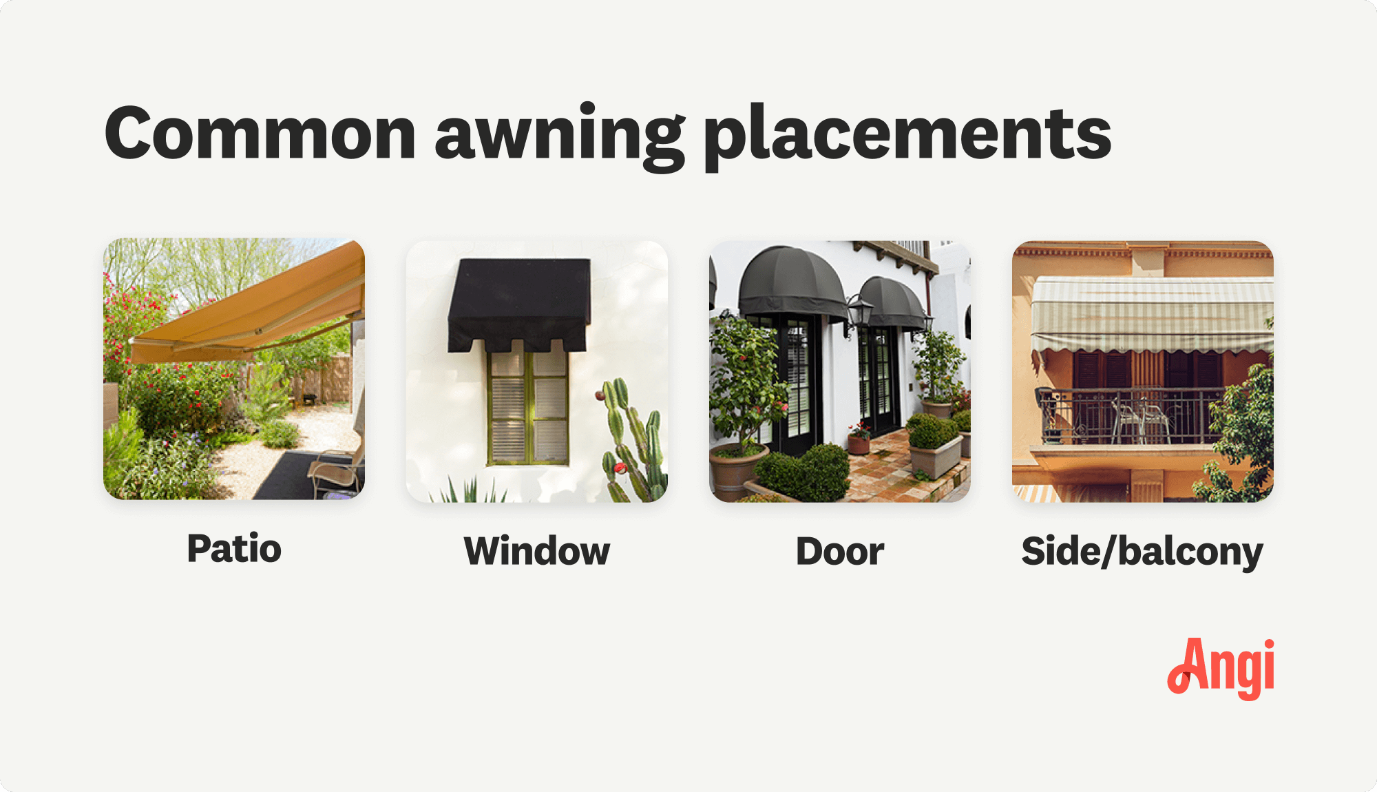 4 common awning placements compared visually, including windows and patios