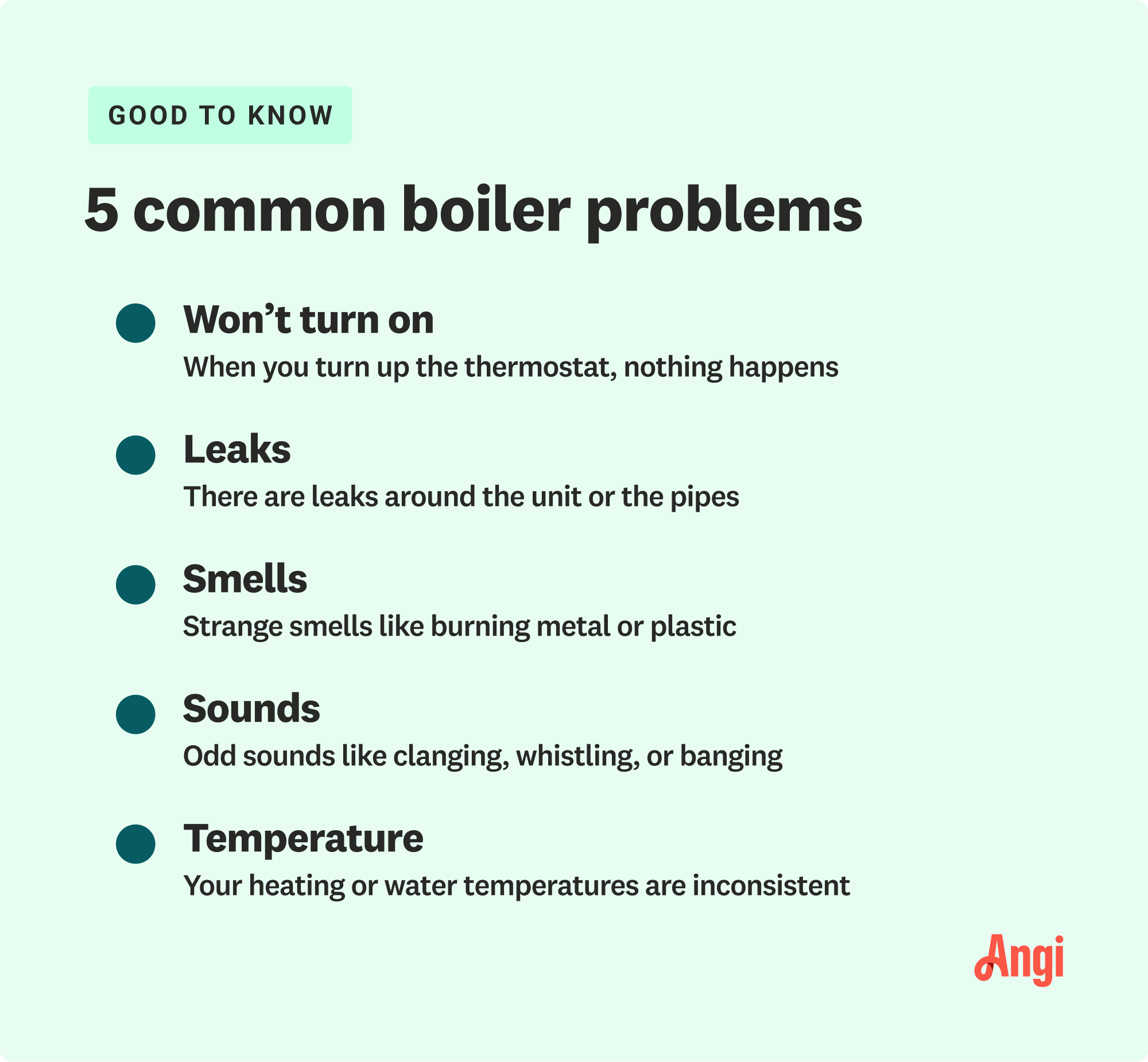 5 common boiler problems, including leaks, smells, and sounds