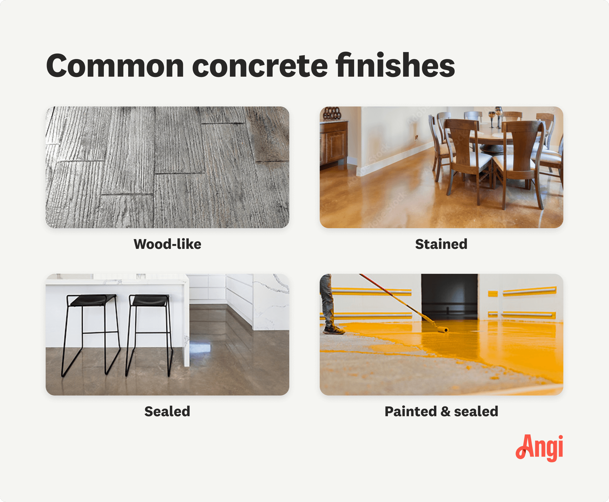 4 common concrete finishes compared visually, including stained and sealed