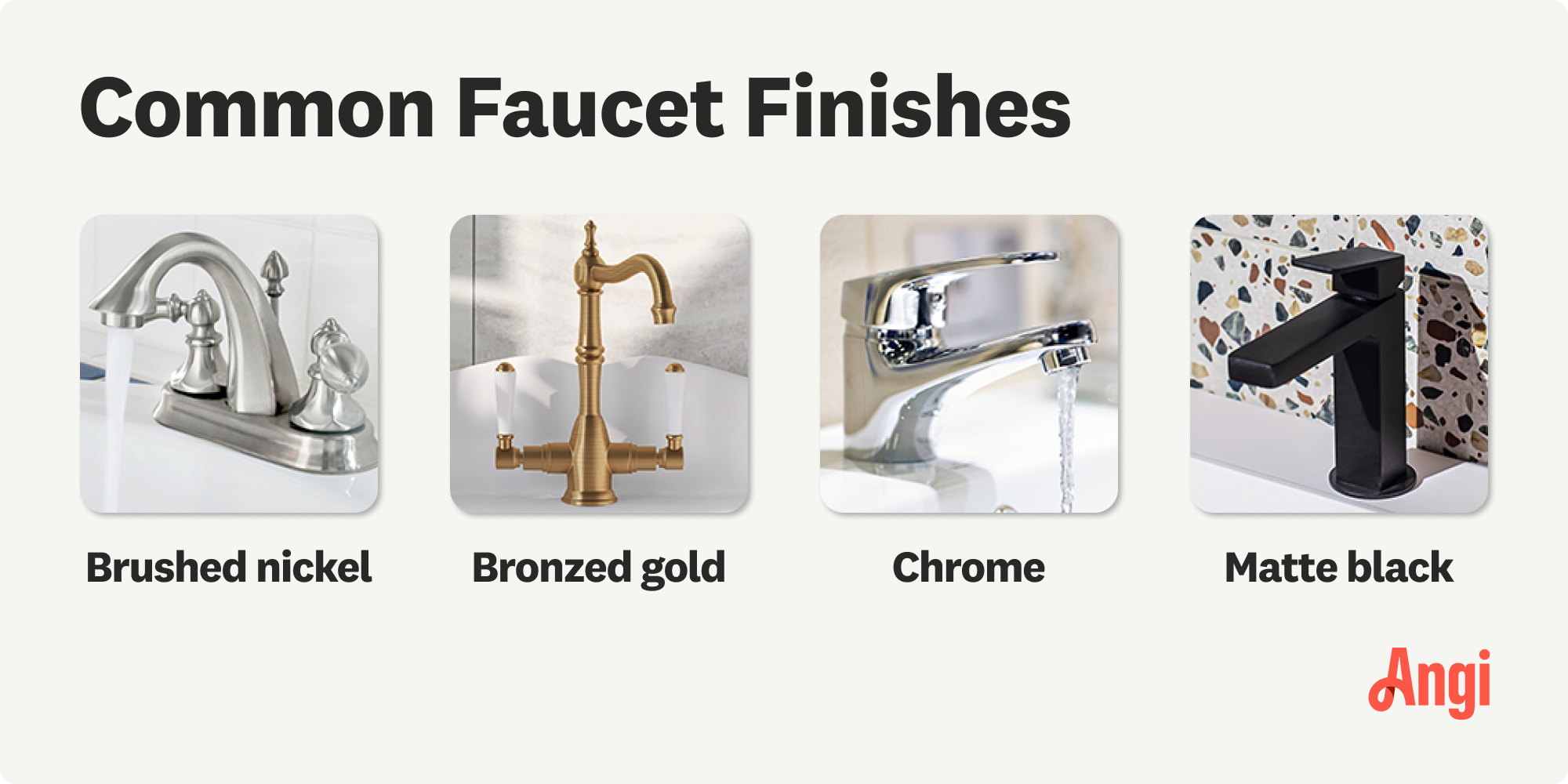 4 common faucet finishes compared visually, including brushed nickel and matte black