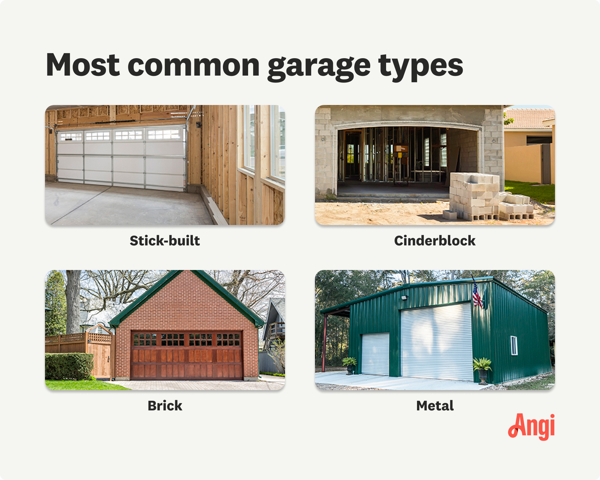 4 most common garage types visually compared, including cinderblock, brick, and metal
