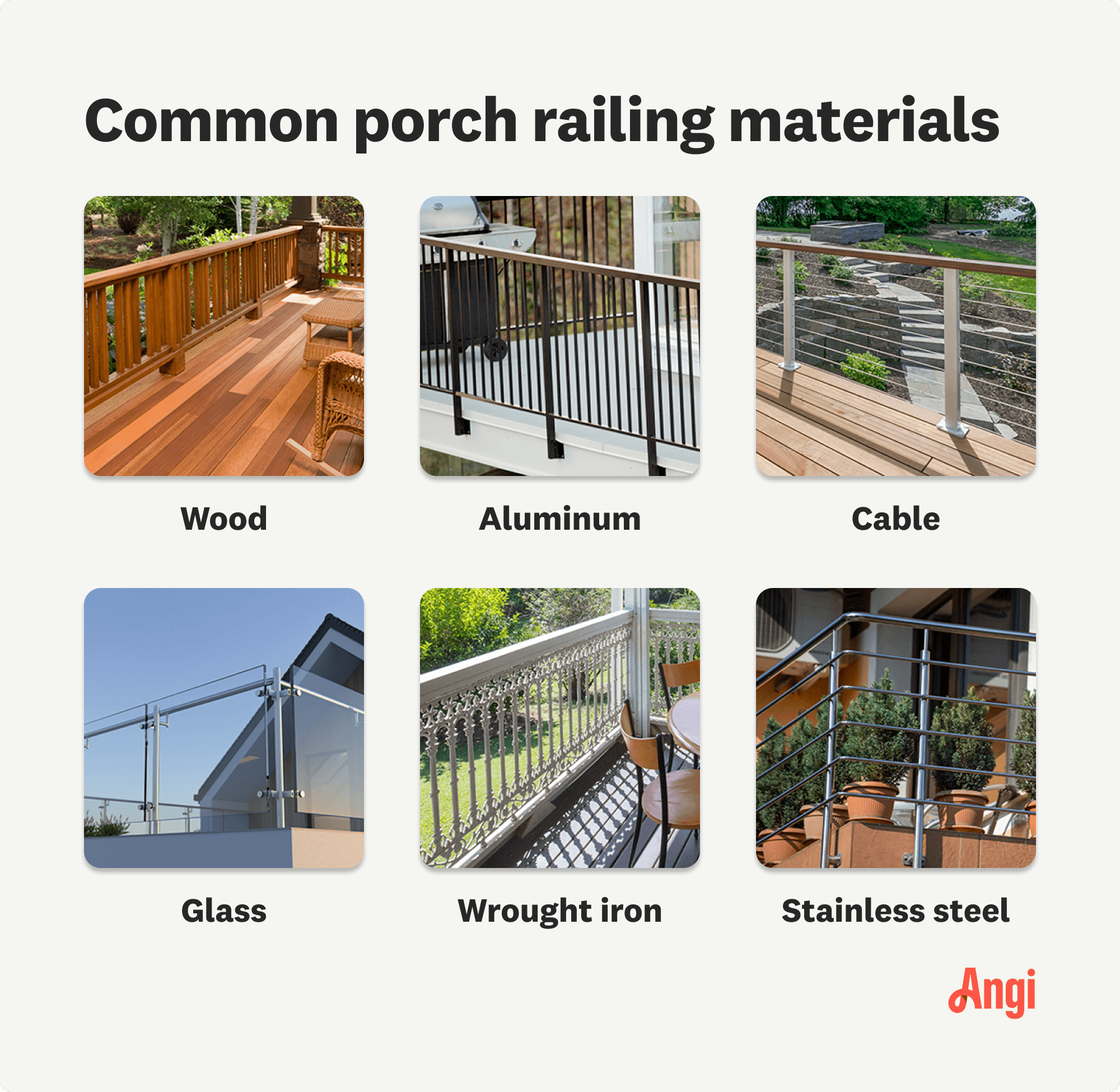 6 common porch railing materials compared visually, including wood, cable, and glass