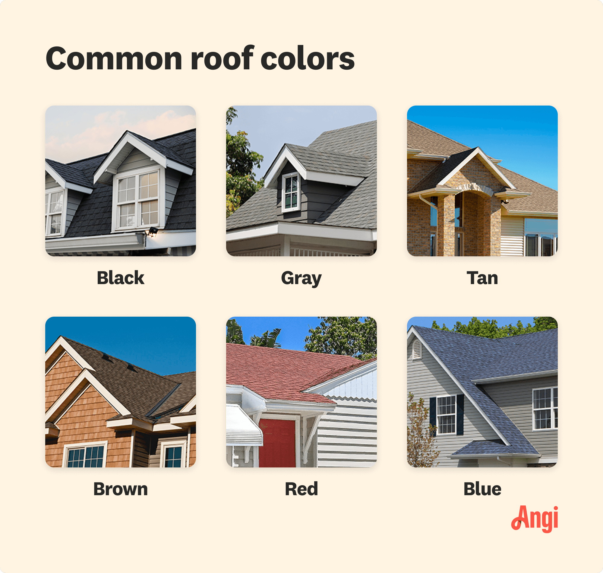 6 common roof colors compared visually, including black, tan, and red