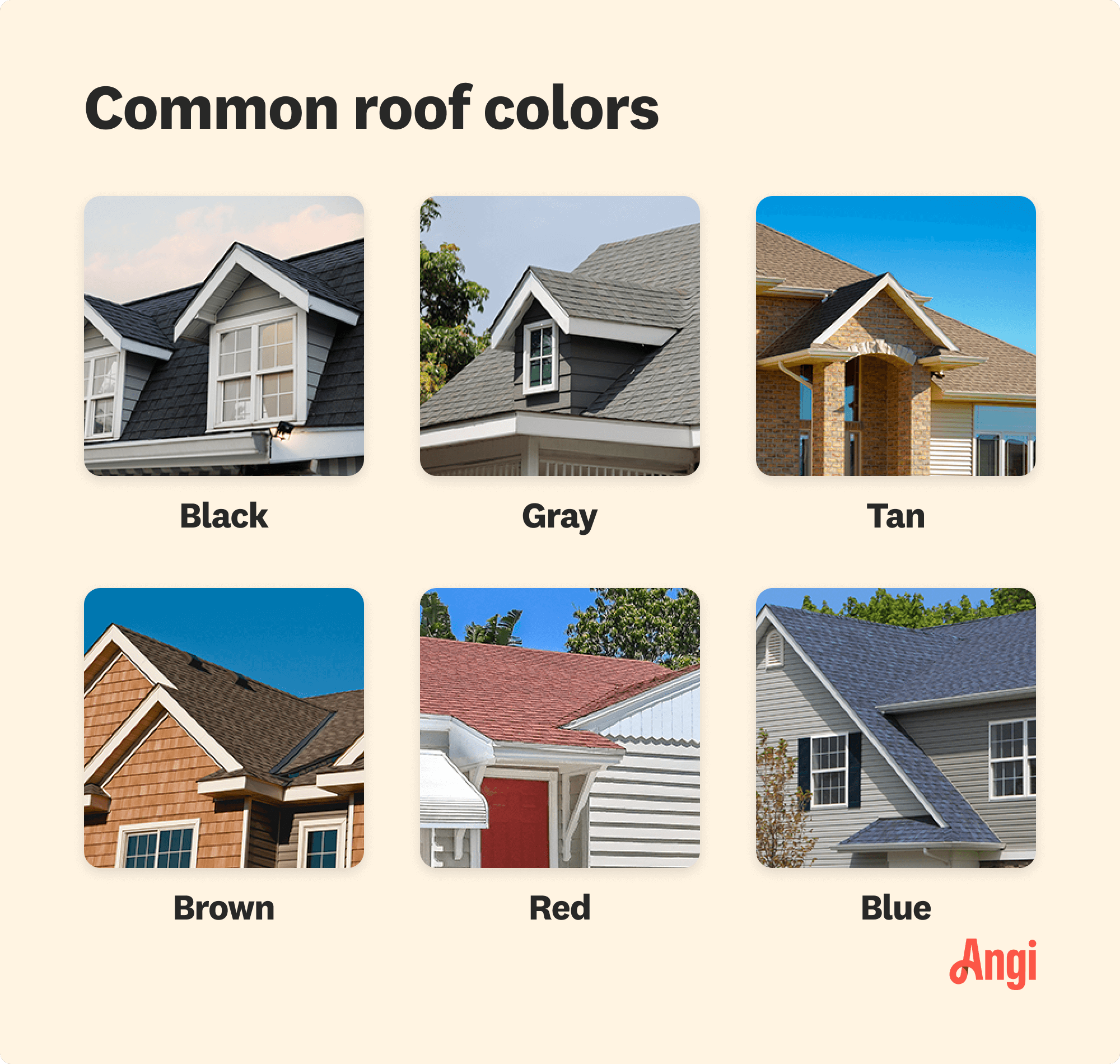  6 common roof colors compared visually, including black, tan, and red