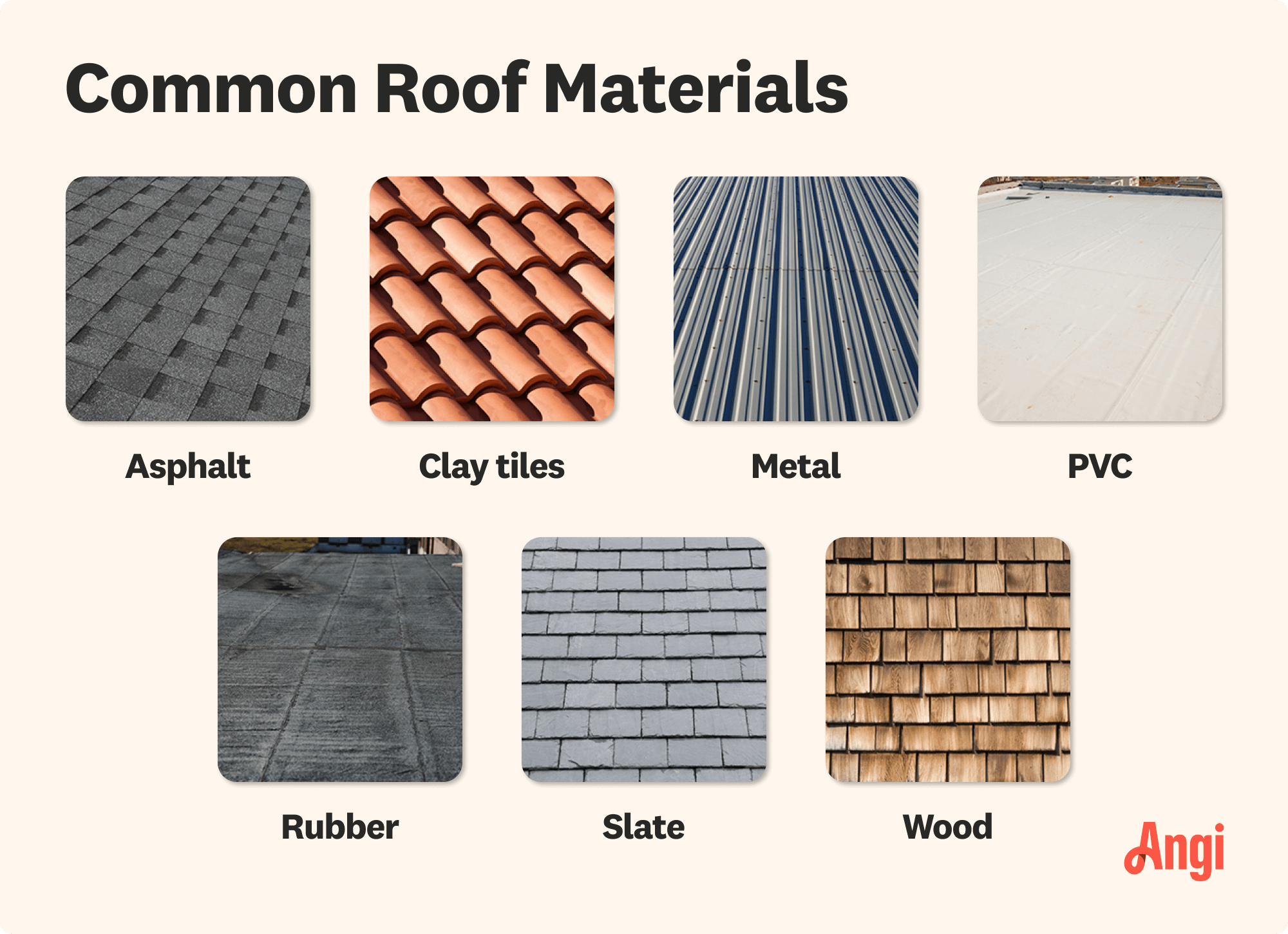 7 common roof materials compared visually, including asphalt, metal, and wood