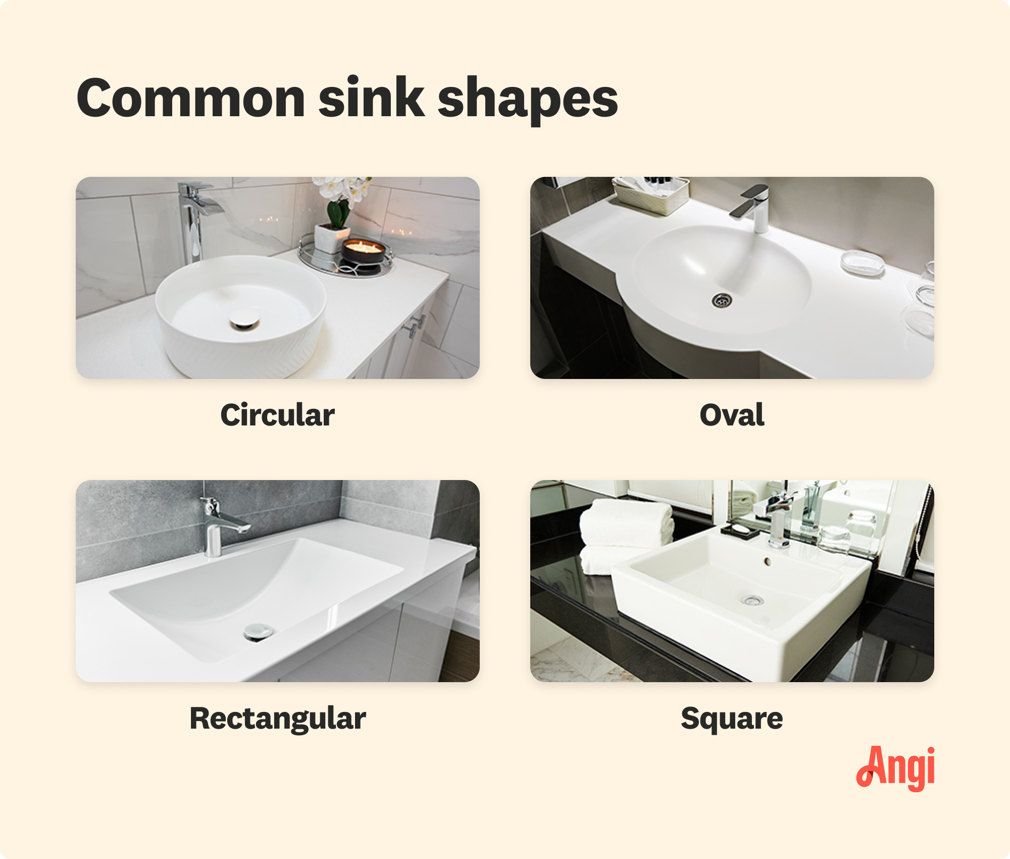 4 common sink shapes compared visually, including circular, rectangular, and square