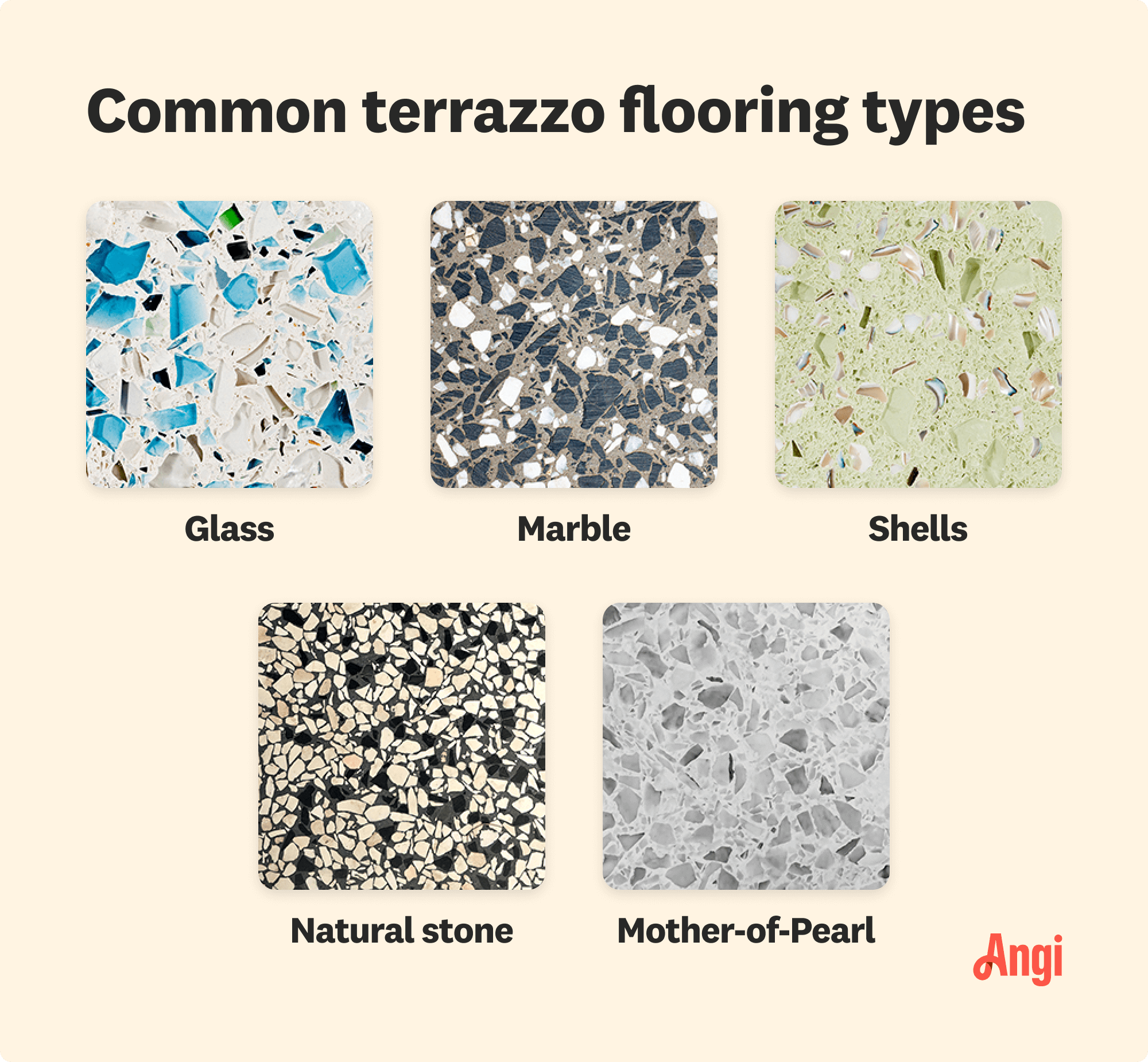 5 common terrazzo flooring types compared visually, including glass, shells, and natural stone