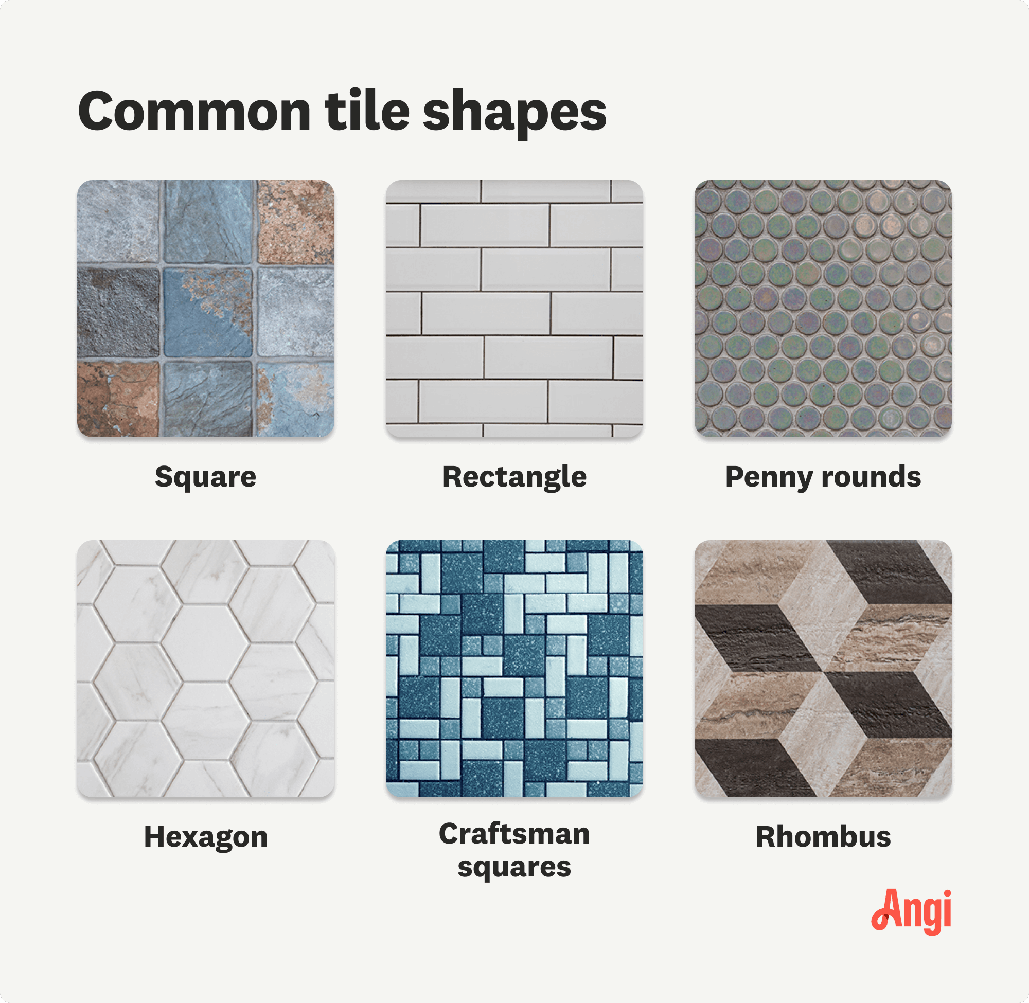 6 common tile shapes compared visually, including square, penny rounds, and hexagon