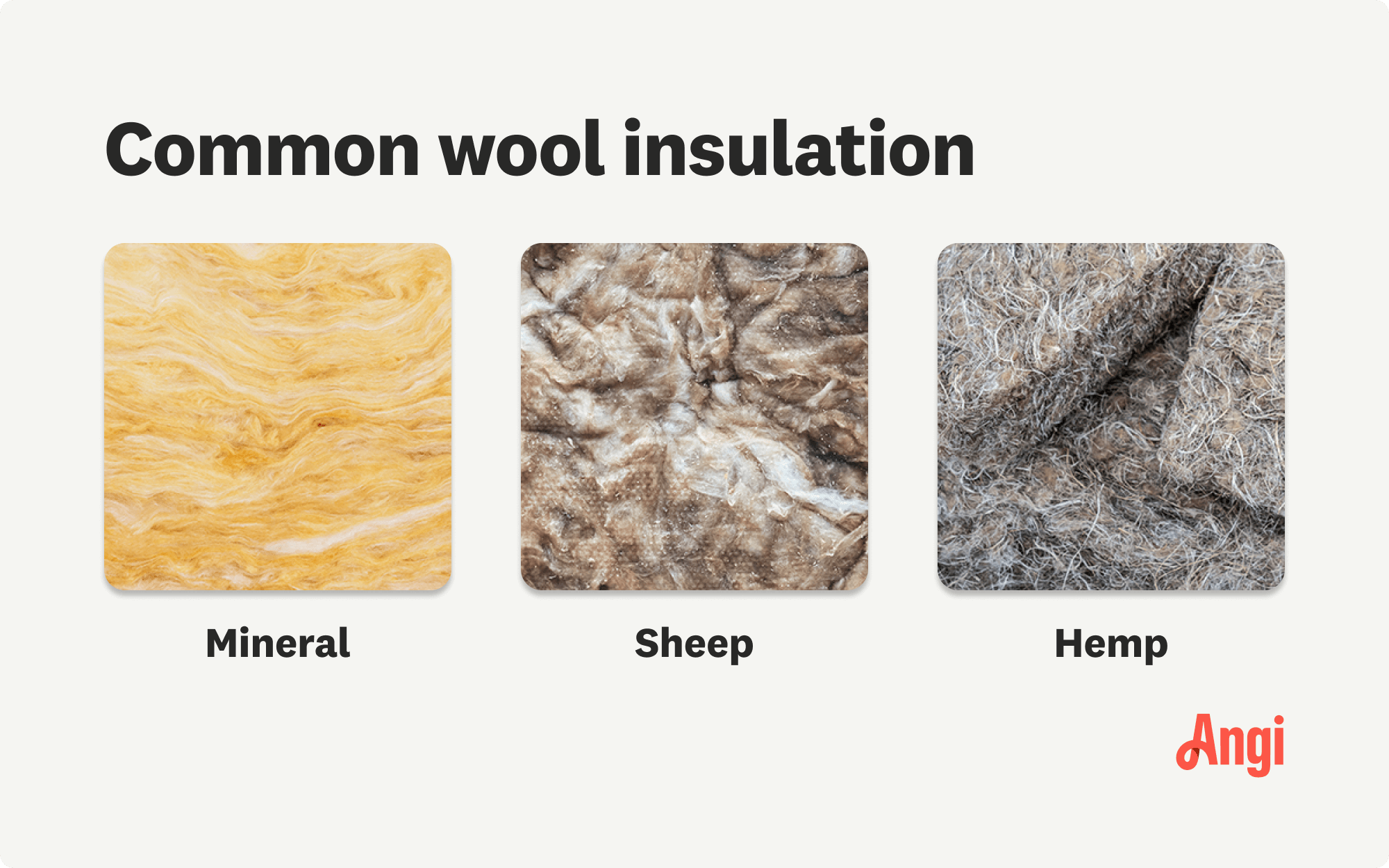 3 common wool insulation compared visually, including mineral, sheep, and hemp