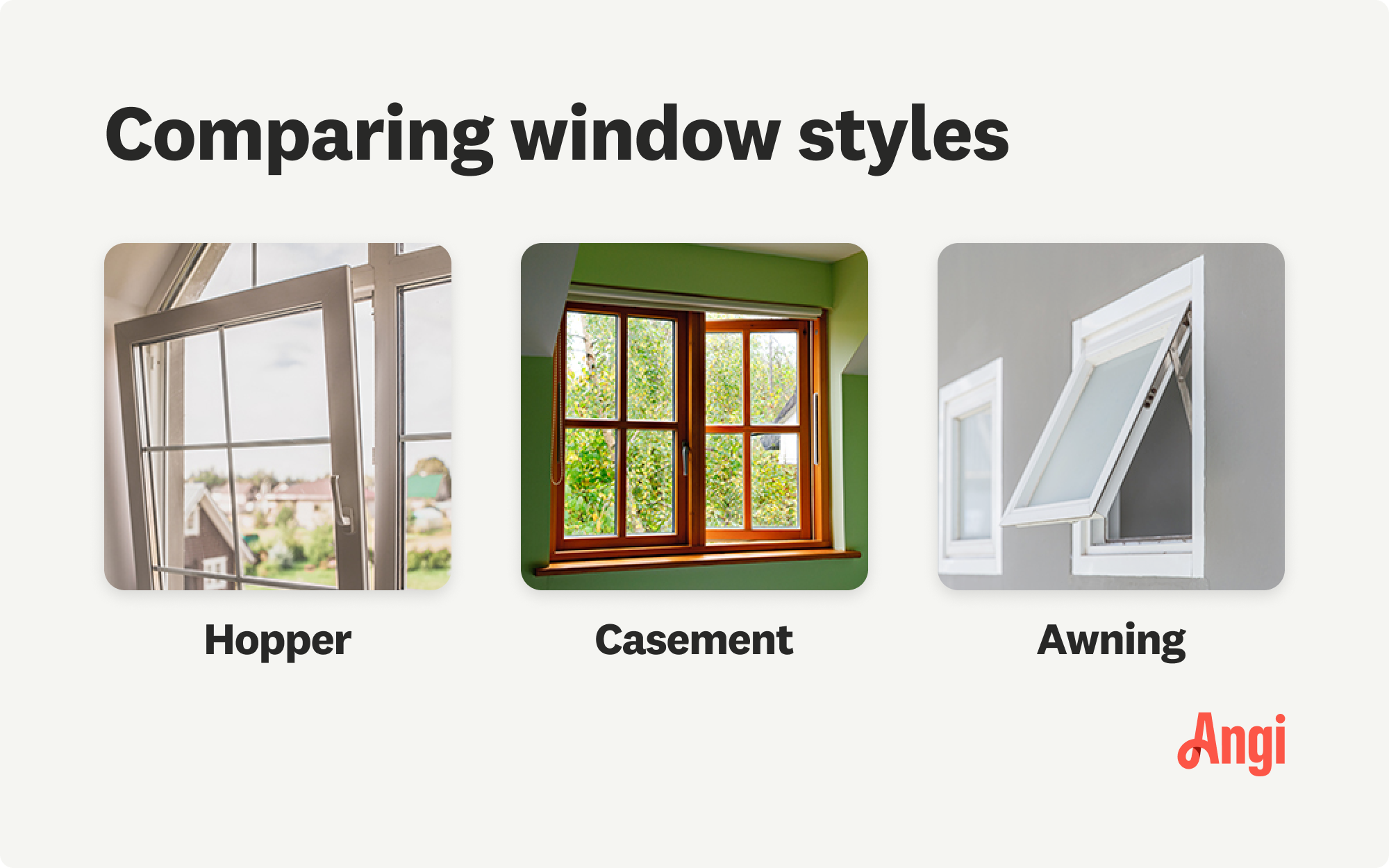 3 window styles compared visually, including hopper, casement, and awning