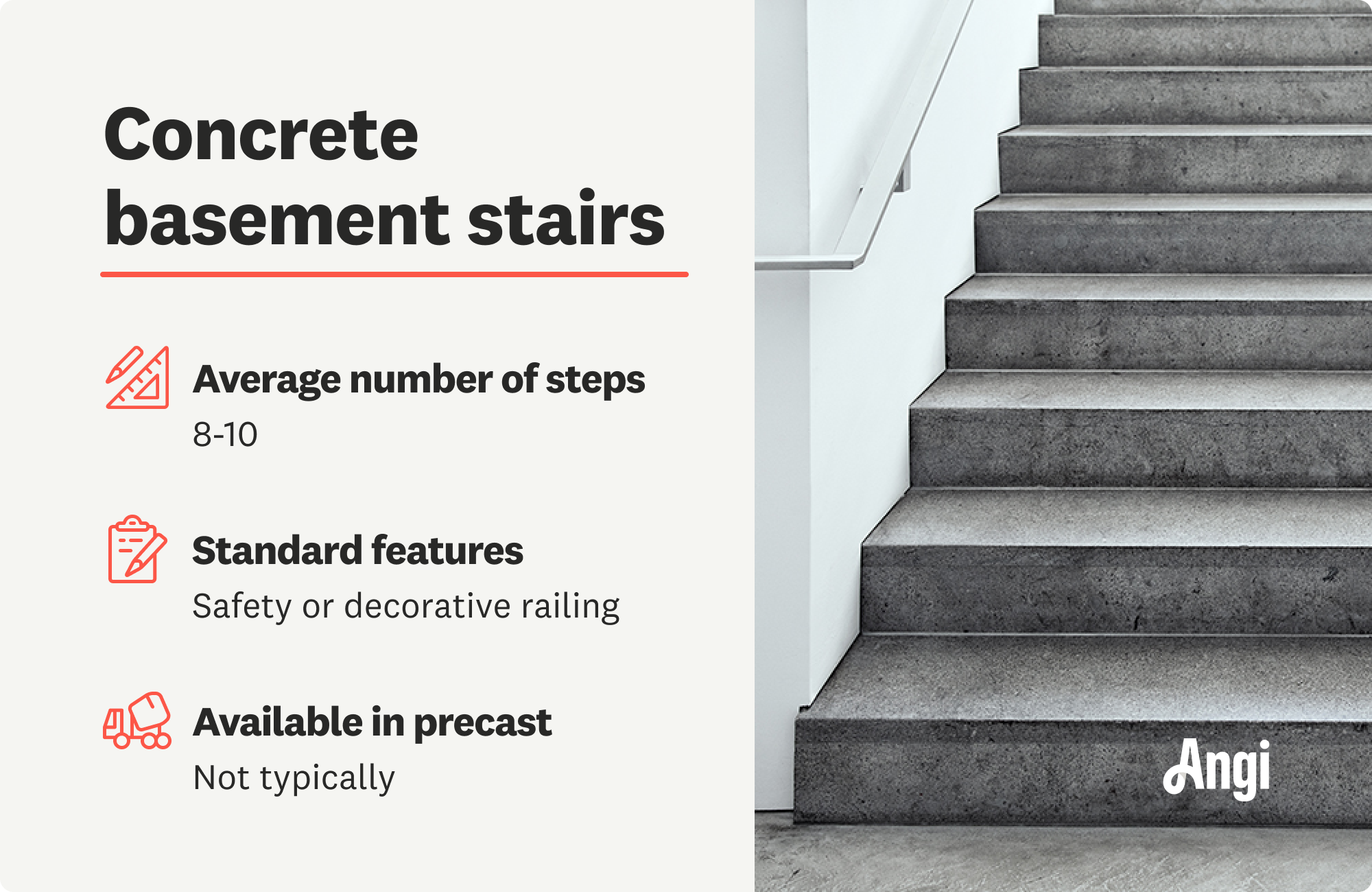 Concrete basement stair details, with standard features including safety or decorative railings